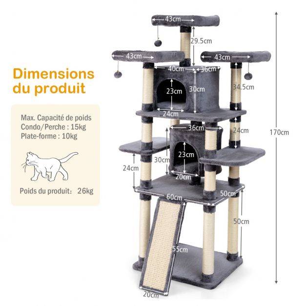 Helloshop26 - Arbre à chat griffoir 60 x 50 x 170 cm avec poteaux planche à gratter 3 perchoirs en peluche 2 niches 3 peluches suspendues - Imagen 3