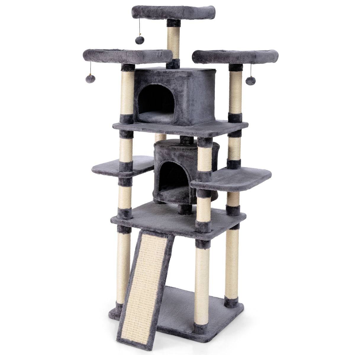 Helloshop26 - Arbre à chat griffoir 60 x 50 x 170 cm avec poteaux planche à gratter 3 perchoirs en peluche 2 niches 3 peluches suspendues - Imagen 1