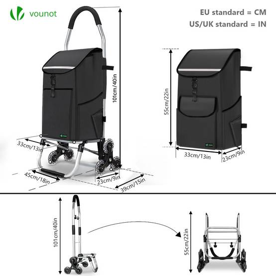 Chariot de course pliable monte escalier aluminium avec crochets noir - Image 6