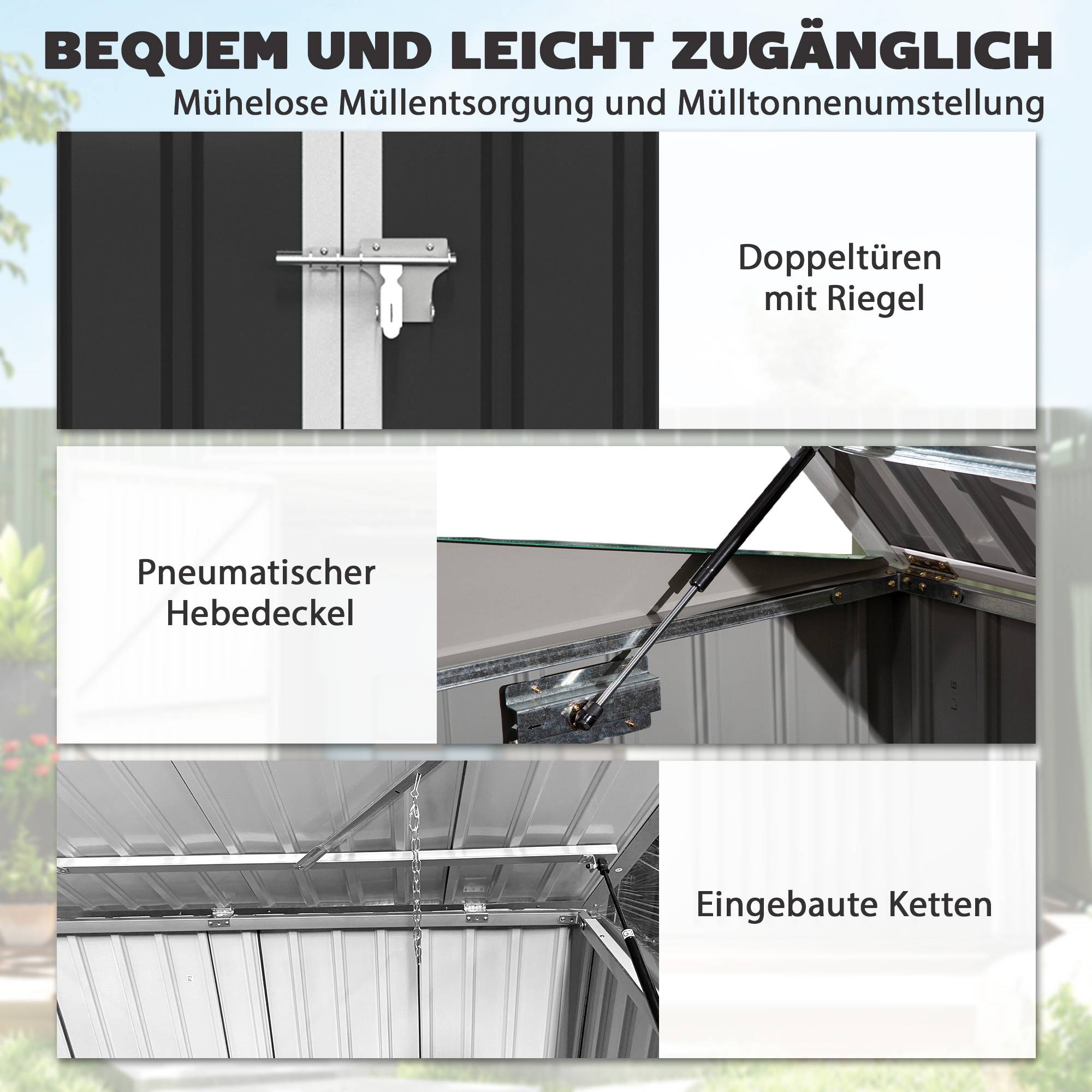 ComfortXL - Cache-poubelles double en acier galvanisé 179,5 x 108 x 129,5 cm gris foncé couvercle assisté et ventilation - Image 5