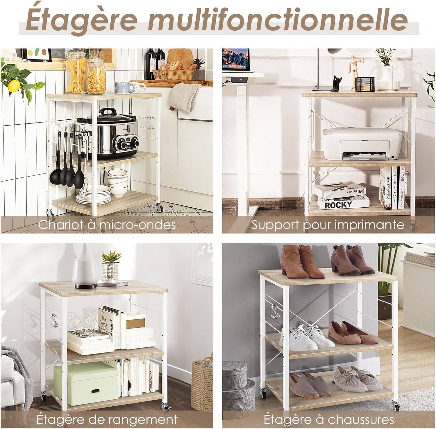 Costway - Desserte, Chariot de Service à Roulette, avec 10 Crochets Amovibles, Desserte de Cuisine à 3 Tablettes, Cadre Métallique (Naturel) - Image 5
