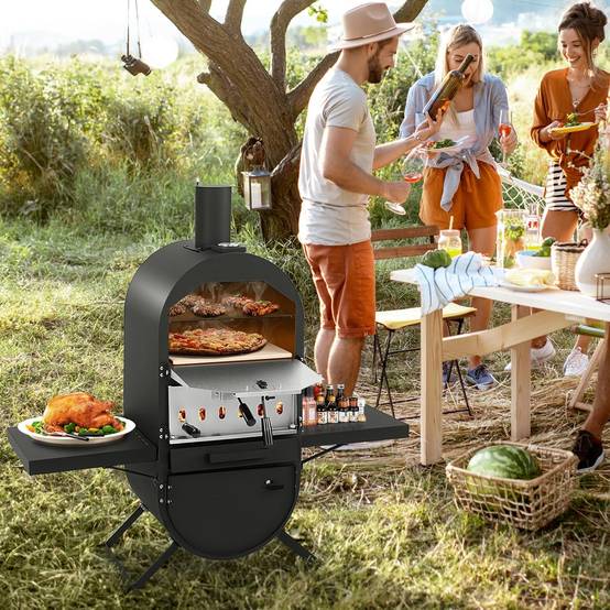 Four à Pizza au Feu de Bois Extérieur, Grill à Pizza avec Pierre à Pizza de 31 cm Pelle à Pizza Grille de Cuisso Thermomètre - Image 2