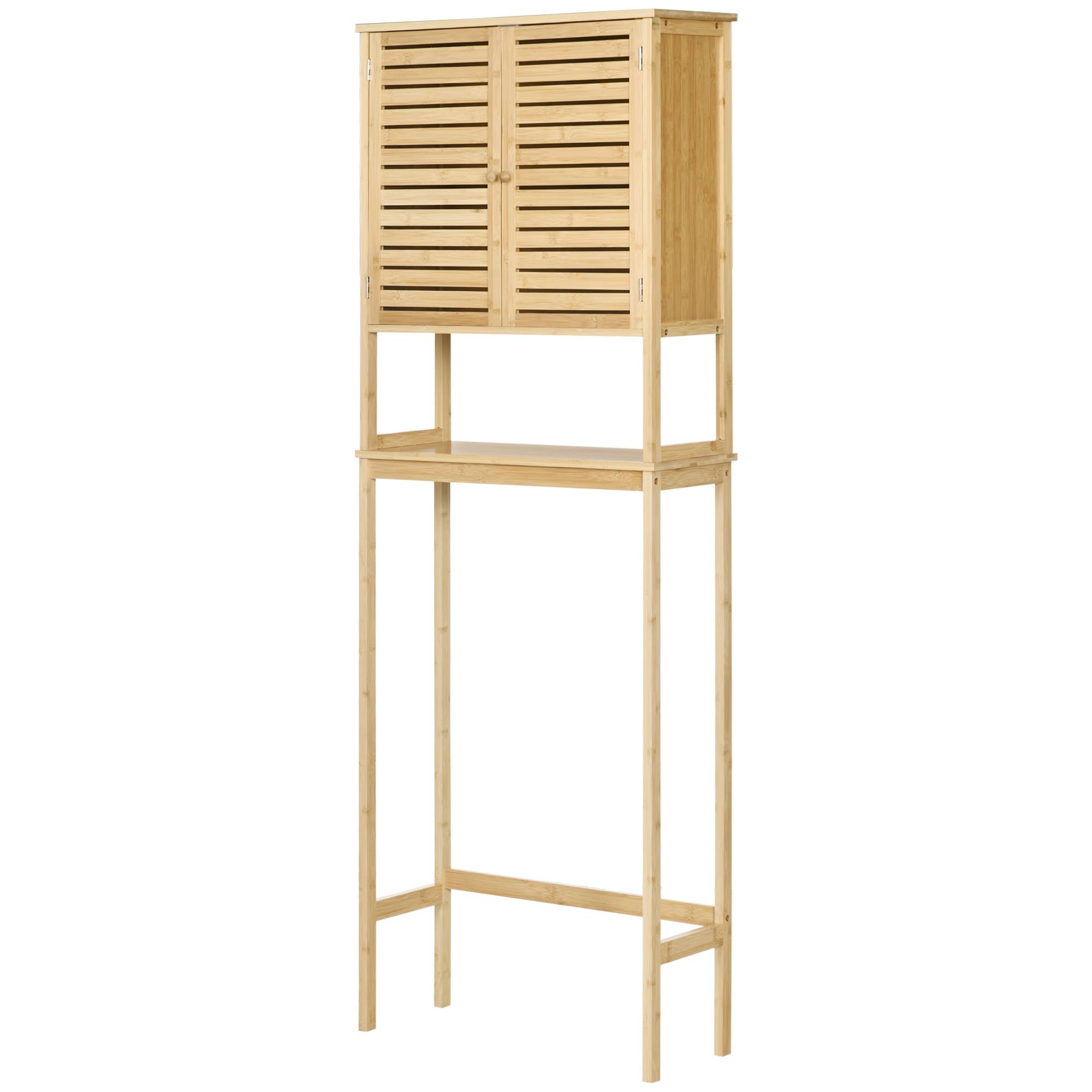 Sans Marque - Étagère toilettes meuble salle bain dessus toilette WC placard 2 portes étagère ouverte 60x23x173 cm bambou - Image 2