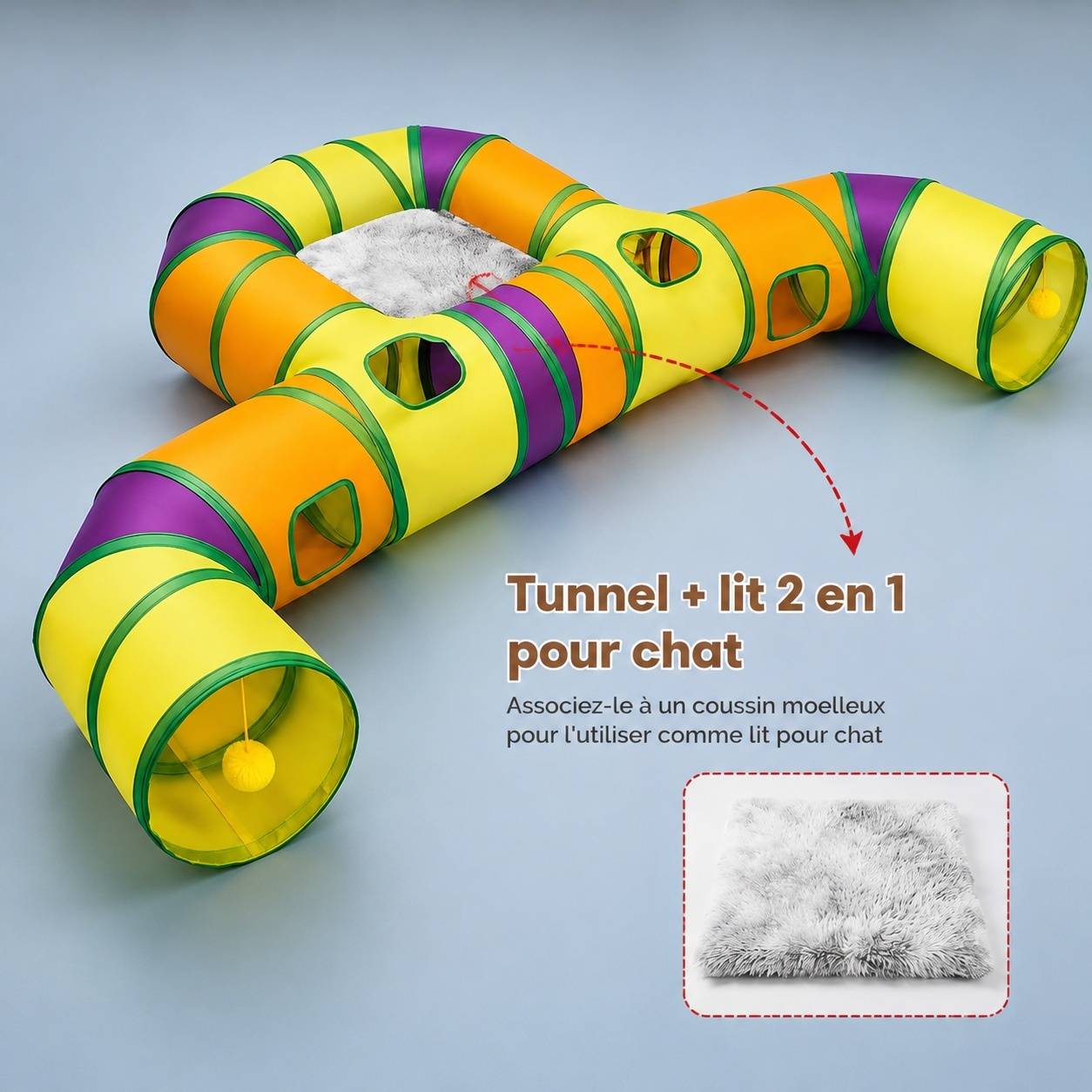 Tunnel de Jeu pour Animaux Domestiques Interactif avec Pompons Pendants et Trous de Jeu - Image 6