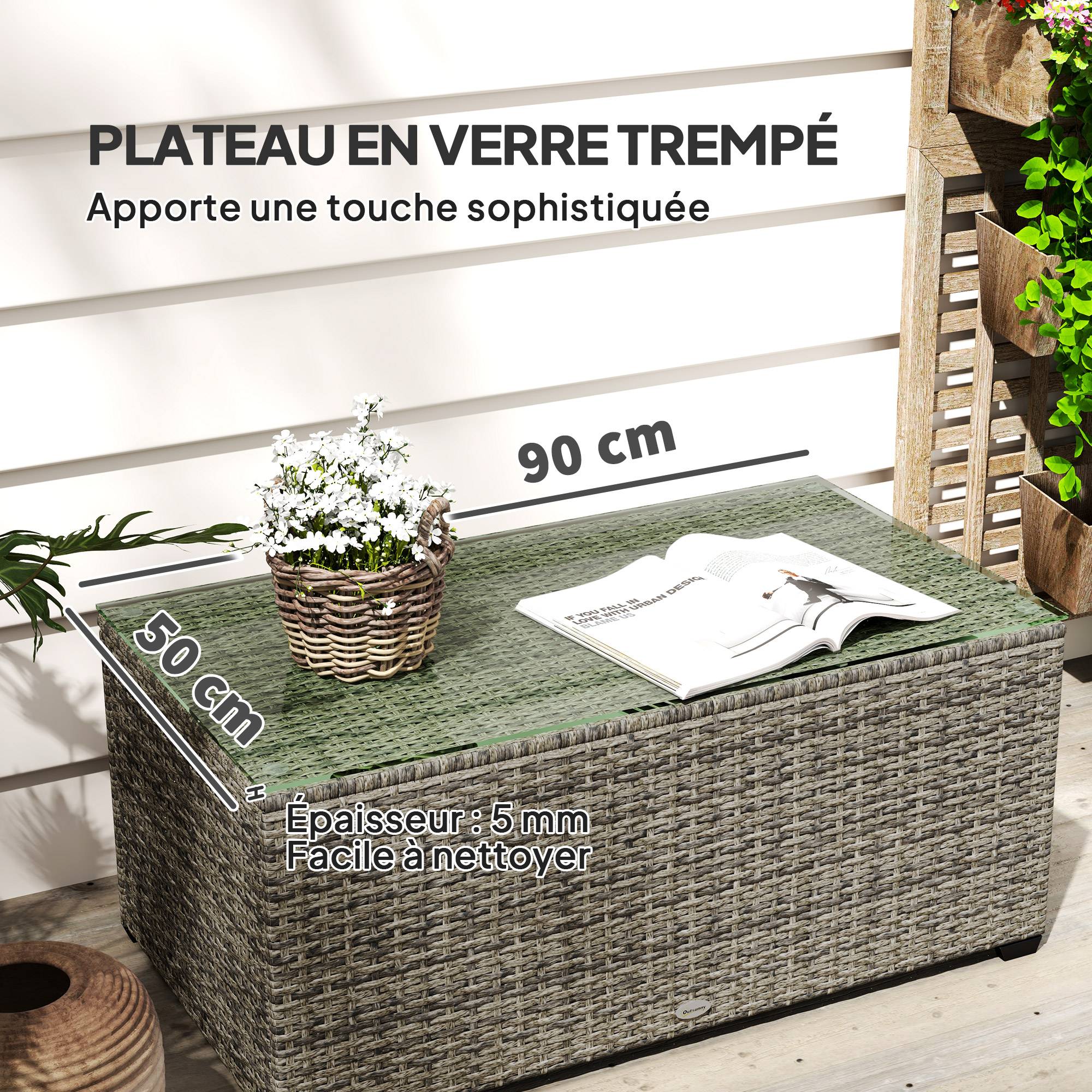Table basse de jardin résine tressée gris foncé 90 x 50 x 38 cm - PANGIVO - Image 7