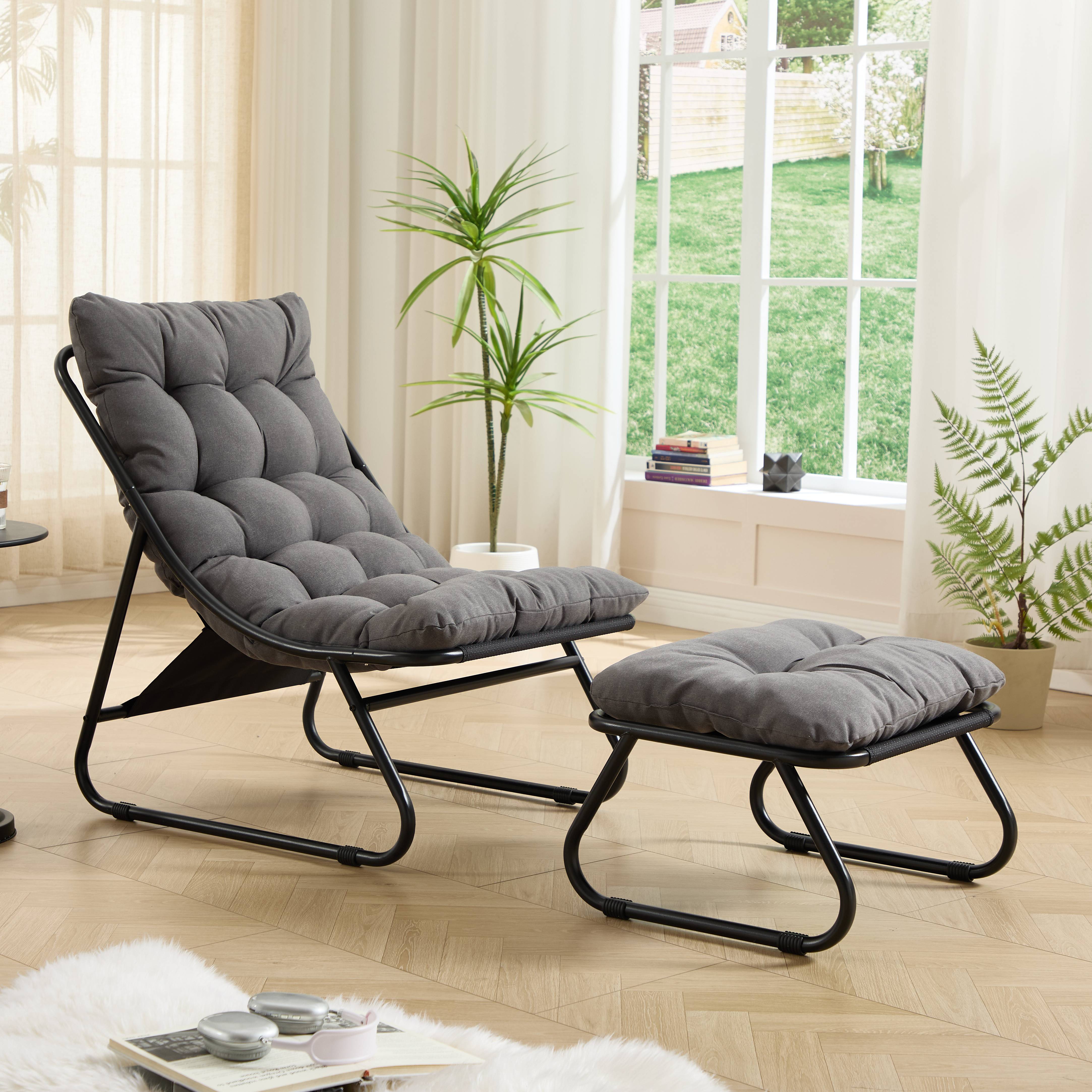 Fauteuil patio inclinable avec ottoman cadre noir coussin gris moelleux avec repose-pieds pour salon chambre et lecture - Image 2