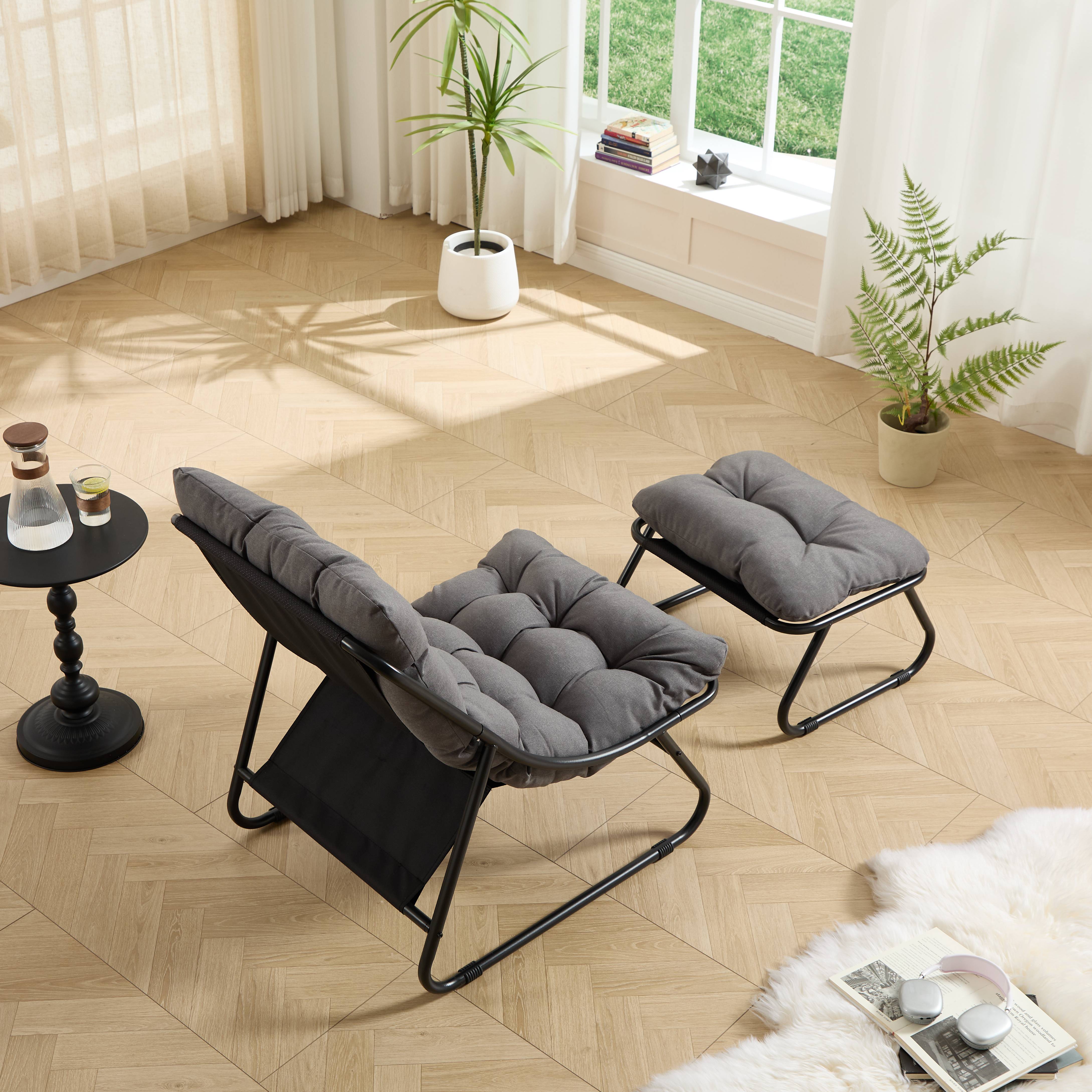 Fauteuil patio inclinable avec ottoman cadre noir coussin gris moelleux avec repose-pieds pour salon chambre et lecture - Image 8