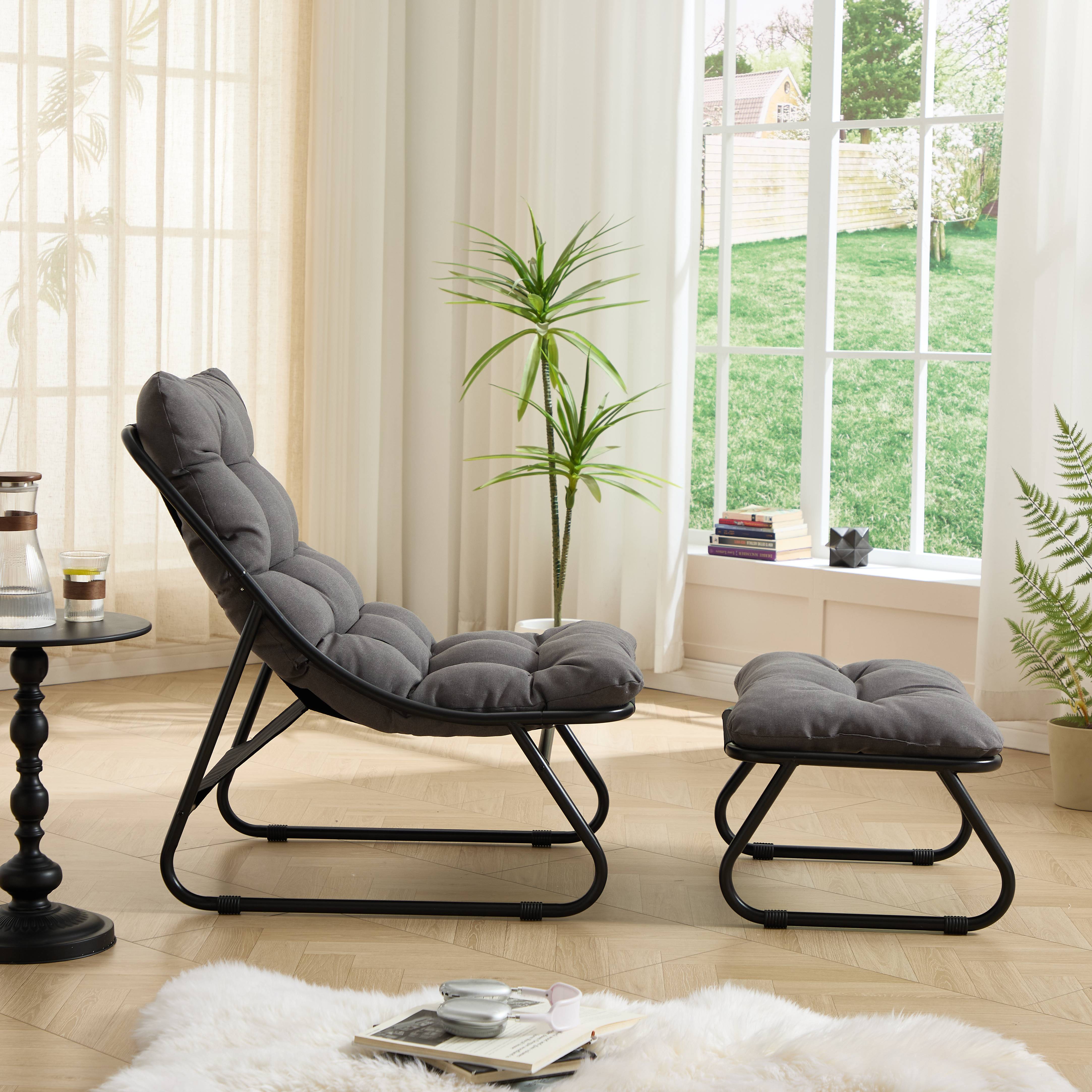 Fauteuil patio inclinable avec ottoman cadre noir coussin gris moelleux avec repose-pieds pour salon chambre et lecture - Image 3
