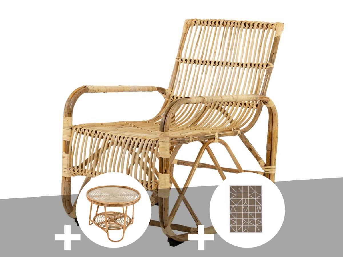 Ensemble salon de jardin bohème en rotin, fauteuil + table basse + tapis Alexandrie - Jardiline - Imagen 1