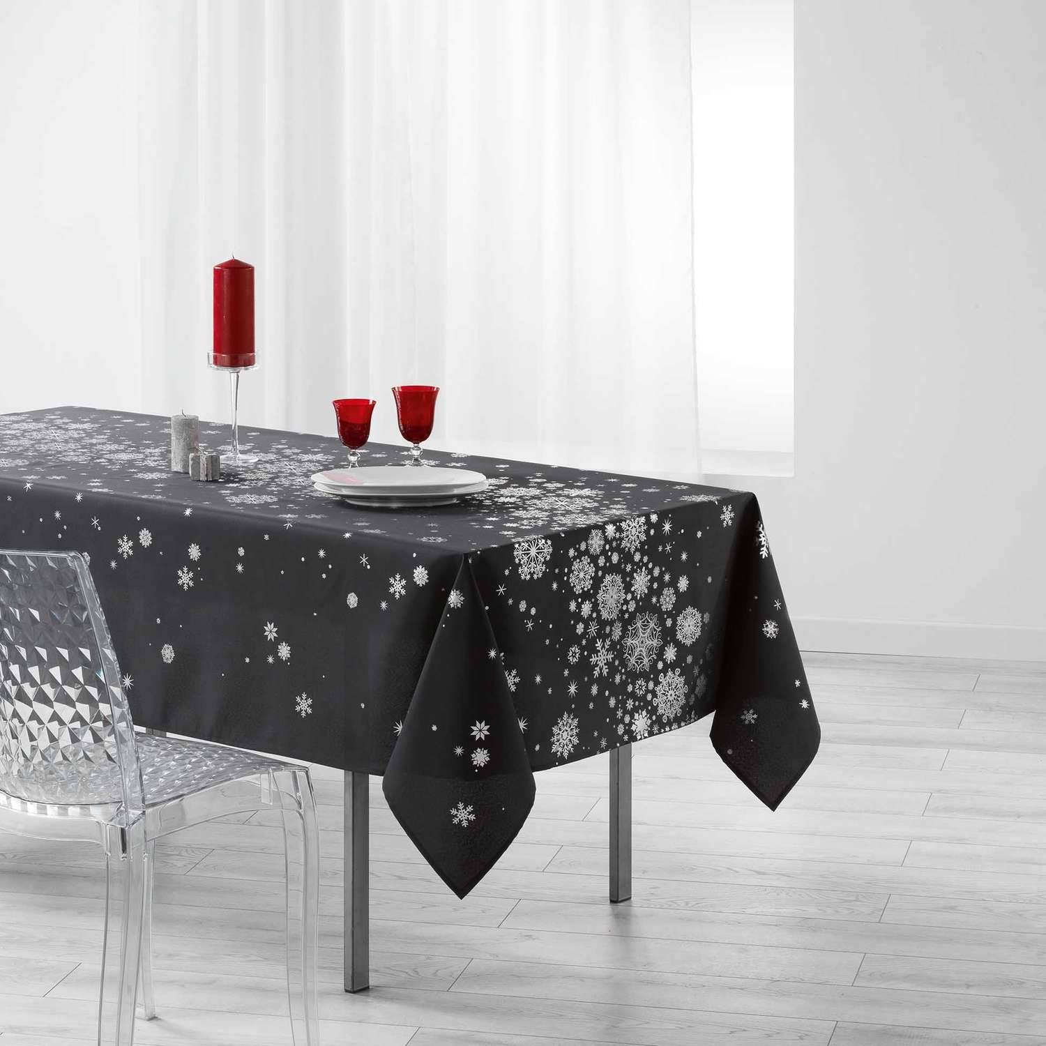 Sans Marque - Nappe rectangulaire antitache et infroissable imprimé Flocons - L. 150 x l. 240 cm - Anthracite et argent - Douceur d'intérieur - Image 2