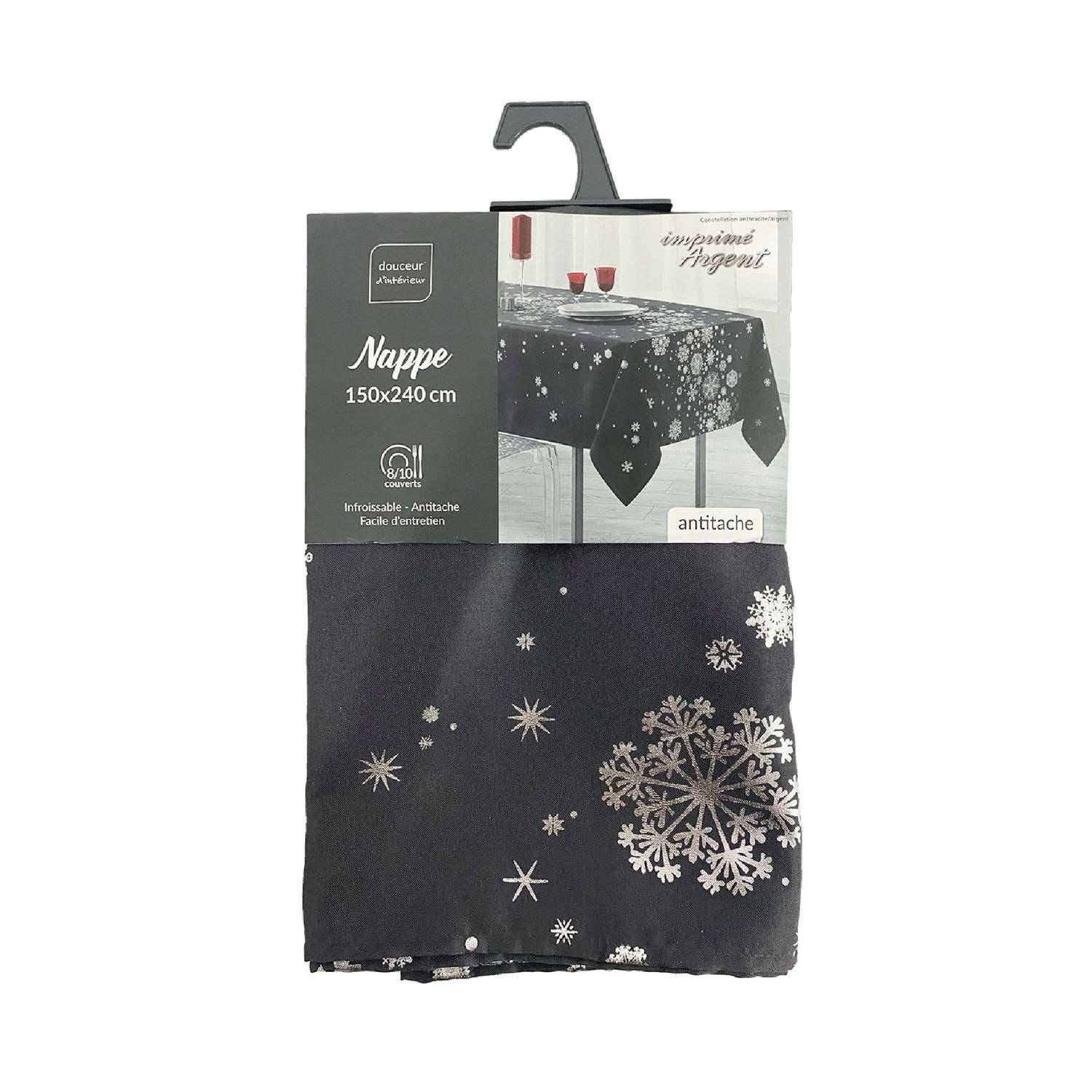 Sans Marque - Nappe rectangulaire antitache et infroissable imprimé Flocons - L. 150 x l. 240 cm - Anthracite et argent - Douceur d'intérieur - Image 1