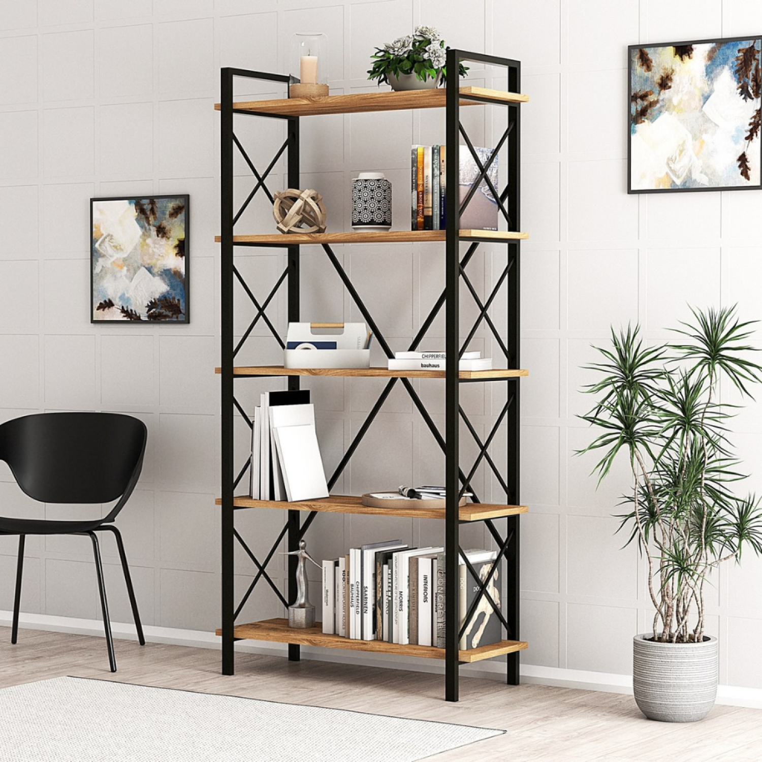 Bibliothèque design en métal - 5 étagères - bois et noir FANI - Image 3