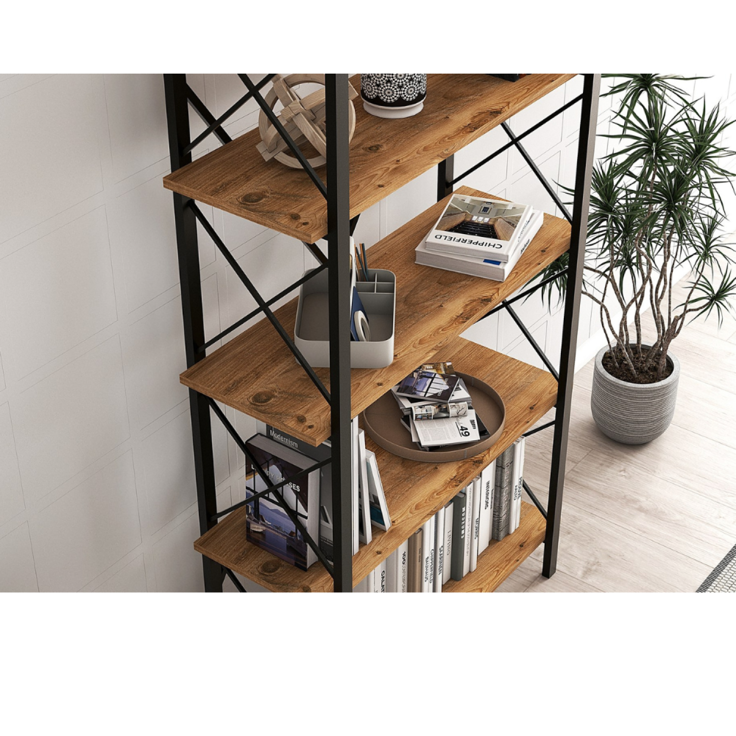 Bibliothèque design en métal - 5 étagères - bois et noir FANI - Image 6