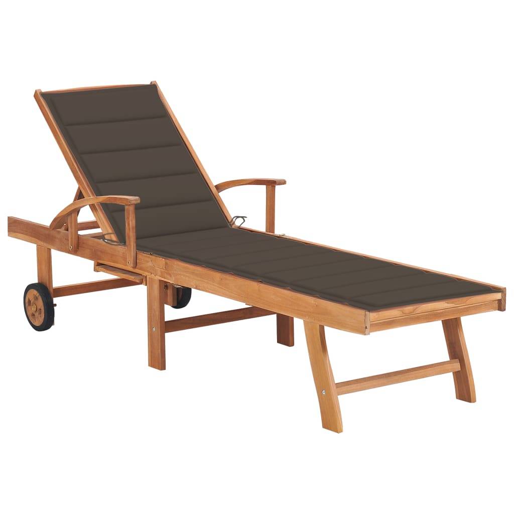 Helloshop26 - Transat chaise longue bain de soleil lit de jardin 200 cm terrasse meuble d'extérieur avec coussin taupe bois de teck solide - Imagen 1