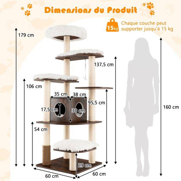 Helloshop26 - Arbre à chat avec plateformes et colonnes en sisal griffoir pour chat géant de hauteur 175 cm brun - Imagen 3
