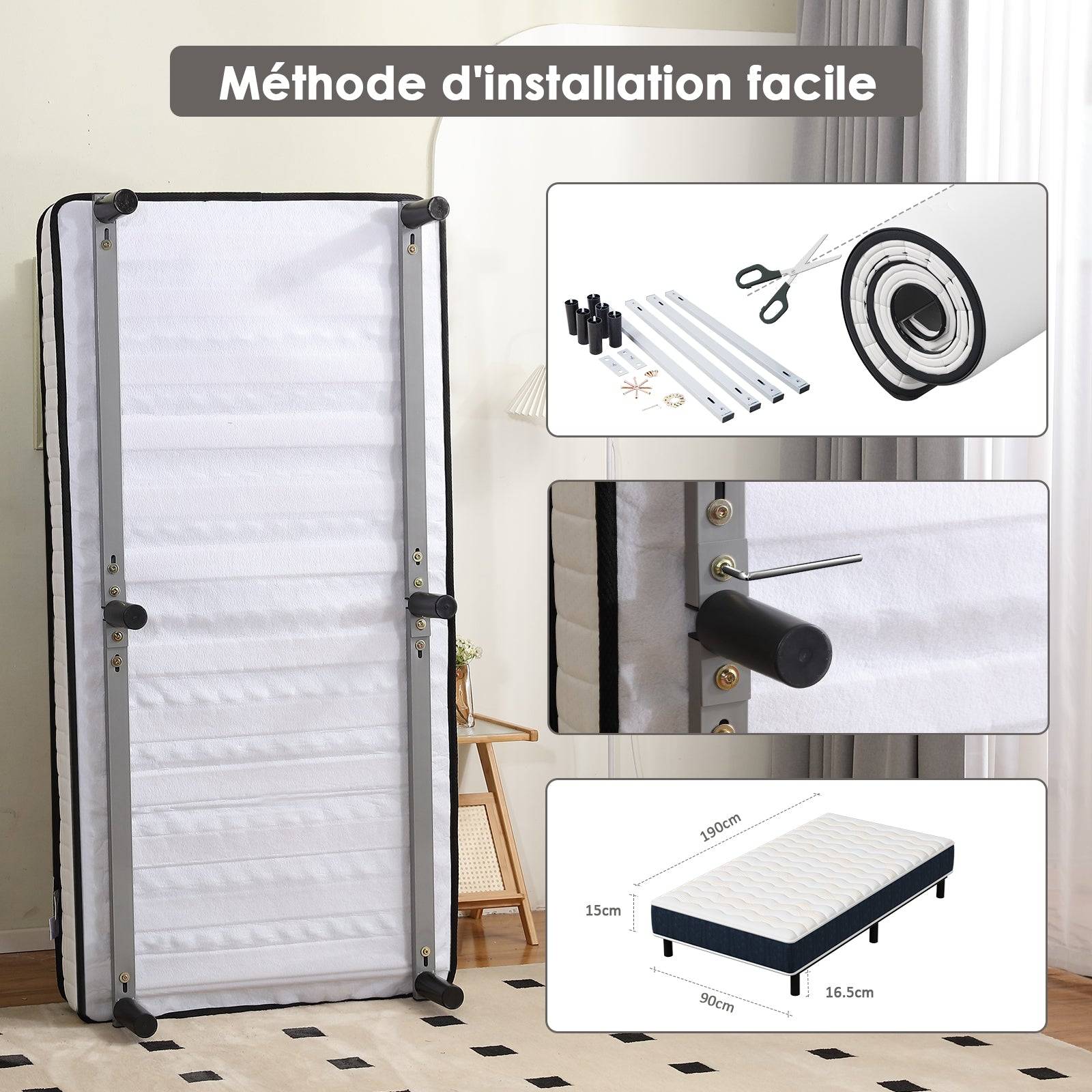 Combinaison lit matelas 90x190 cm, Matelas à Mémoire de Forme + Cadre de Lit en Fer, Comprenant 6 pieds, Epaisseur du matelas 15 cm - Image 4