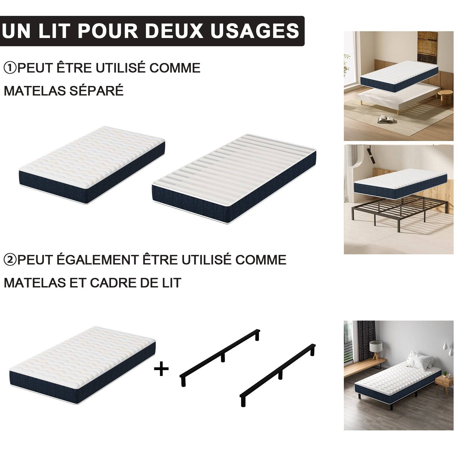 Combinaison lit matelas 90x190 cm, Matelas à Mémoire de Forme + Cadre de Lit en Fer, Comprenant 6 pieds, Epaisseur du matelas 15 cm - Image 3