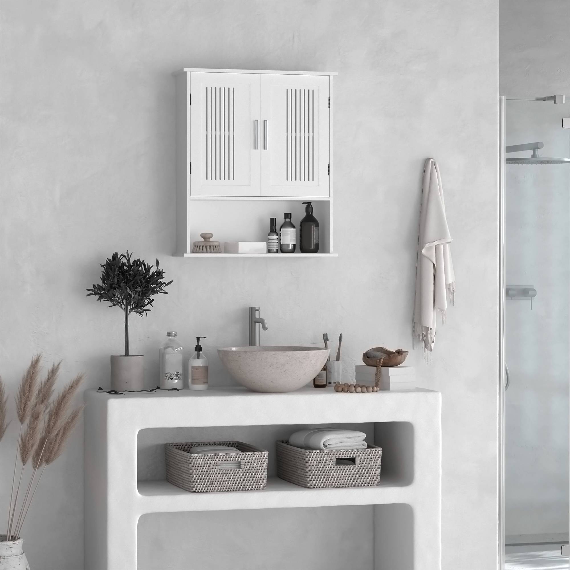 Sans Marque - Armoire murale meuble salle bain étagère réglable double porte étagère ouverte 60x20x70 cm blanc - Image 3