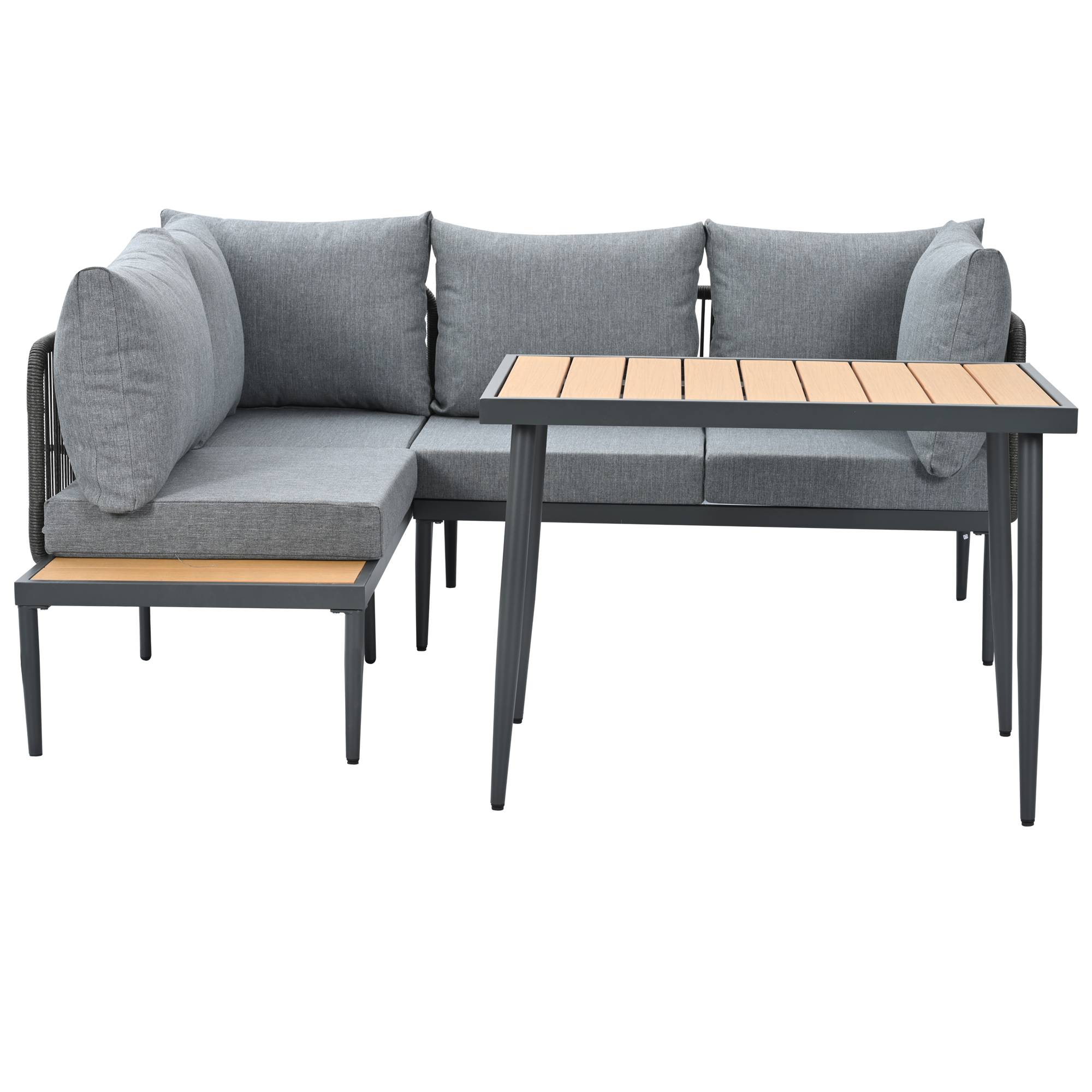 Ensemble table et chaises de jardin, canapé d'angle + table de salle à manger, tube d'acier galvanisé, plateau de table en bois plastique, gris - Image 5