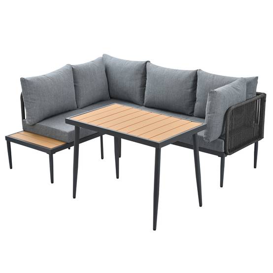 Ensemble table et chaises de jardin, canapé d'angle + table de salle à manger, tube d'acier galvanisé, plateau de table en bois plastique, gris - Image 6