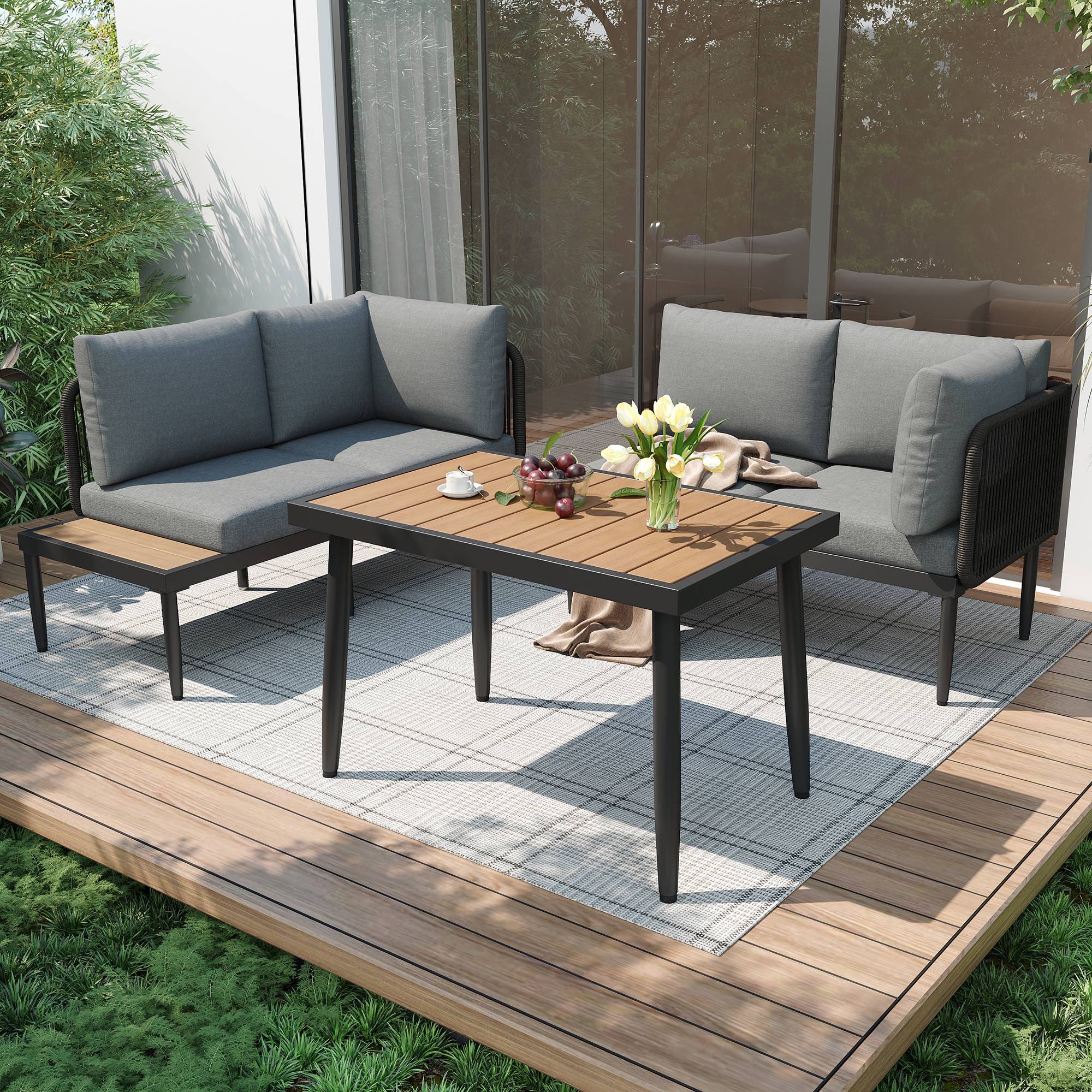 Ensemble table et chaises de jardin, canapé d'angle + table de salle à manger, tube d'acier galvanisé, plateau de table en bois plastique, gris - Image 3