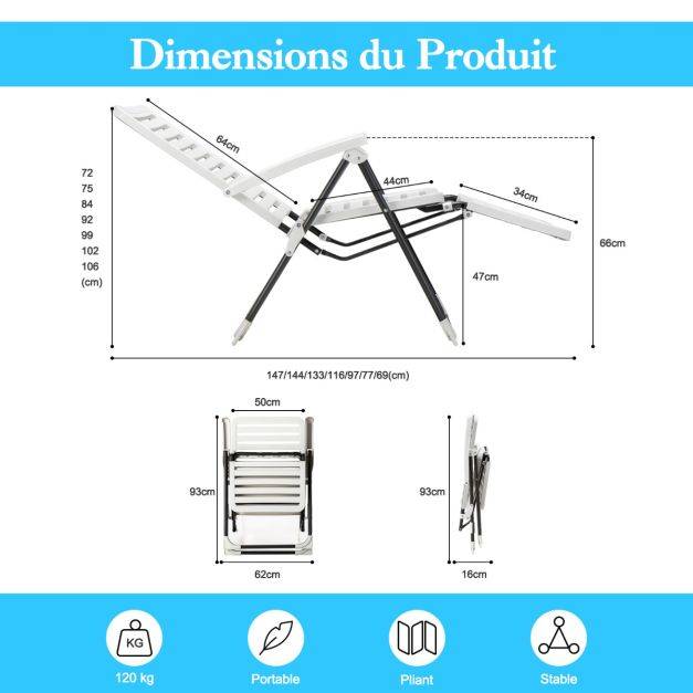 Helloshop26 - Chaise longue inclinable avec dossier réglable à 7 niveaux transat bain de soleil fauteuil de jardin pour piscine plage - Imagen 6