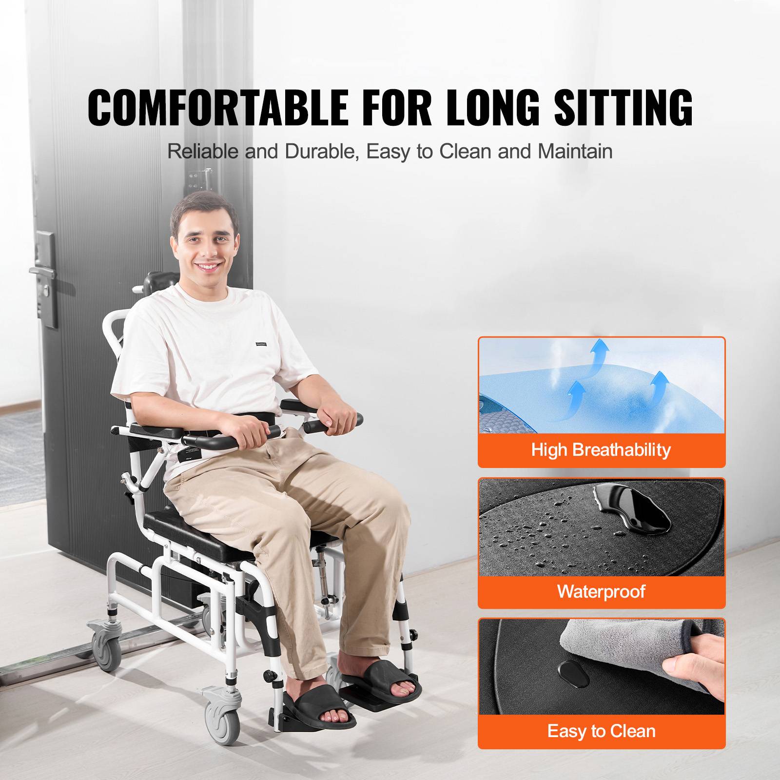 Vevor - VEVOR Fauteuil roulant de douche aluminium 440mm, charge 136kg, réglable avec frein, pour adultes handicapés. - Image 4