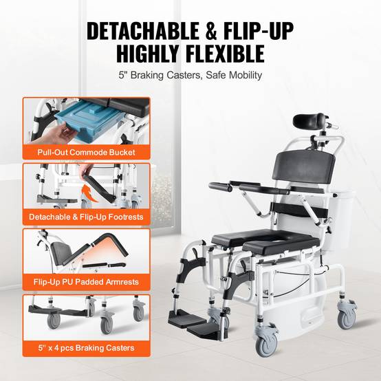 Vevor - VEVOR Fauteuil roulant de douche aluminium 440mm, charge 136kg, réglable avec frein, pour adultes handicapés. - Image 5