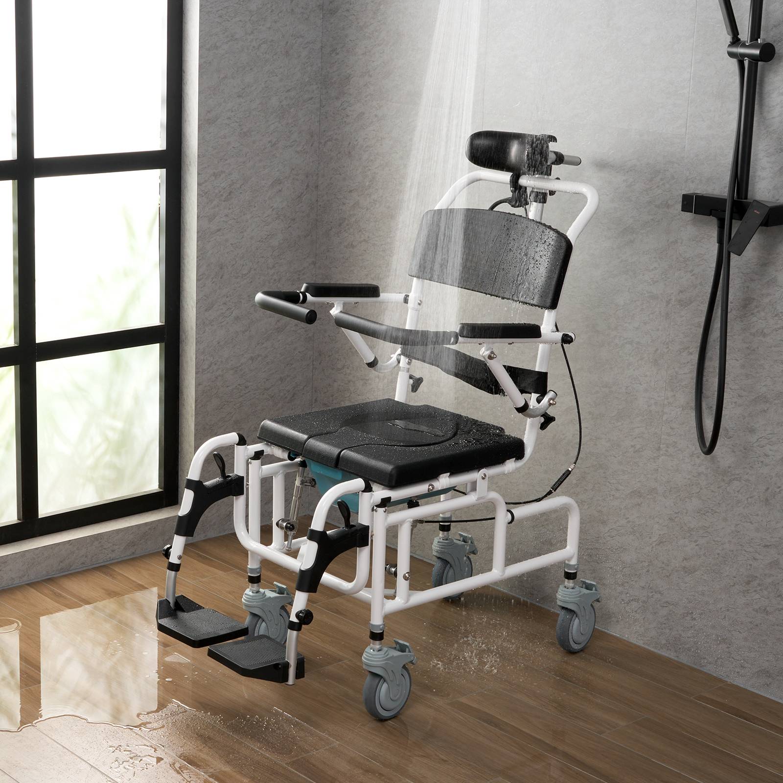 Vevor - VEVOR Fauteuil roulant de douche aluminium 440mm, charge 136kg, réglable avec frein, pour adultes handicapés. - Image 8