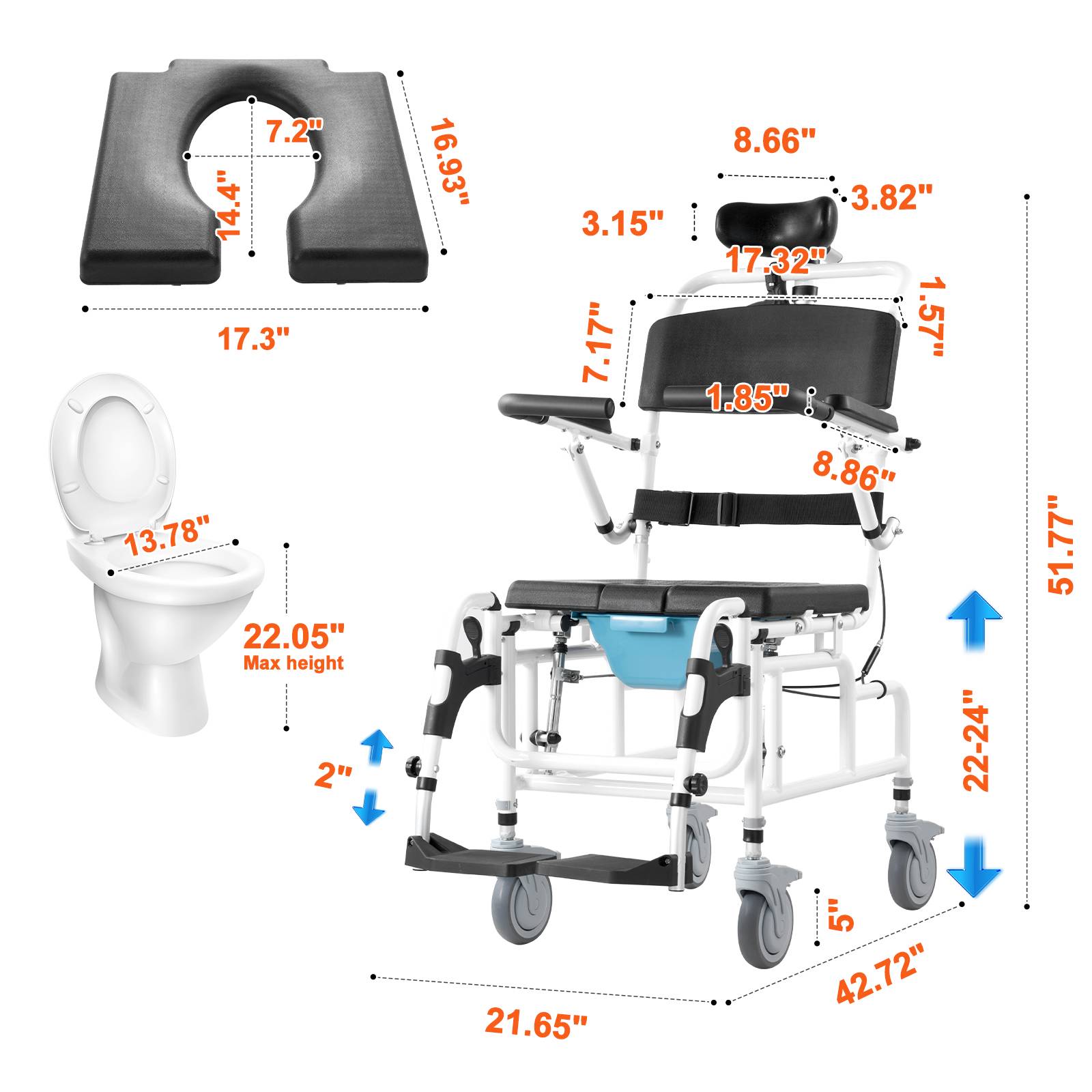 Vevor - VEVOR Fauteuil roulant de douche aluminium 440mm, charge 136kg, réglable avec frein, pour adultes handicapés. - Image 2