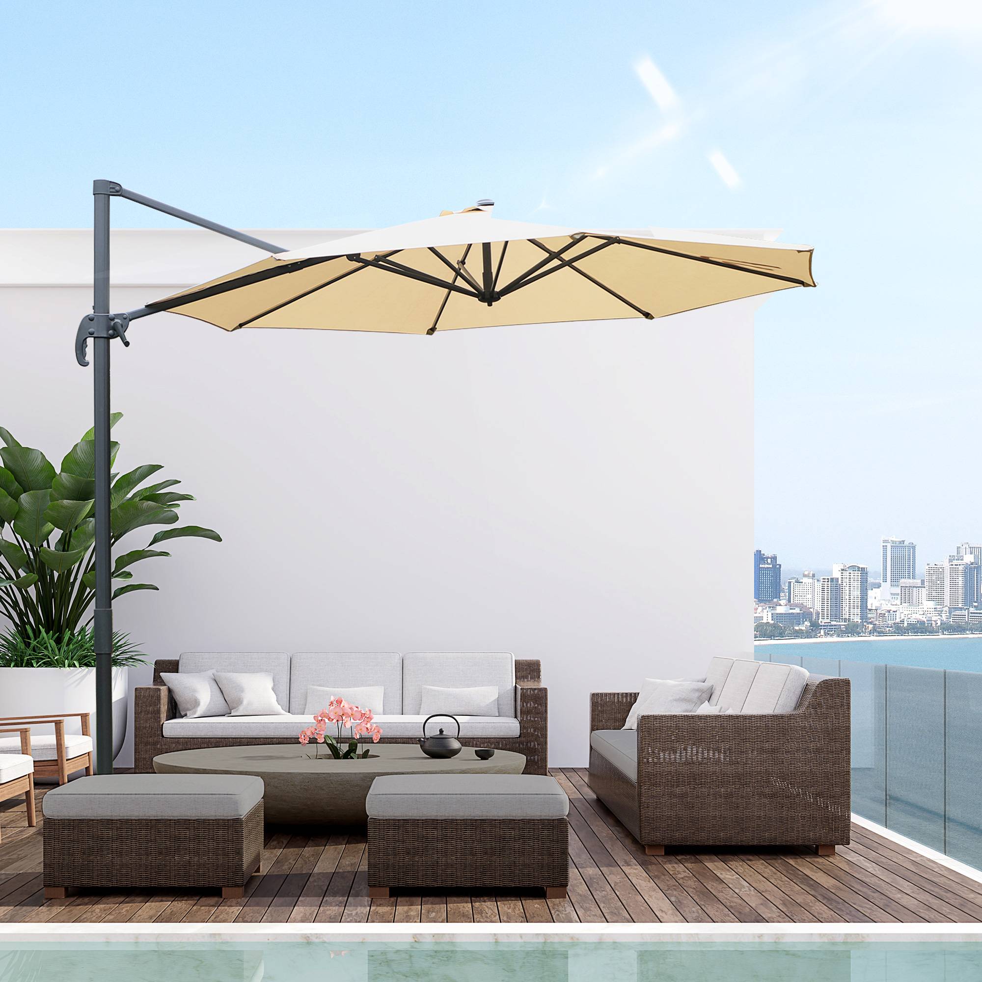 Parasol déporté octogonal inclinable parasol rotatif 360° - 295x295x250cm Polyester Beige fr319 - Image 4