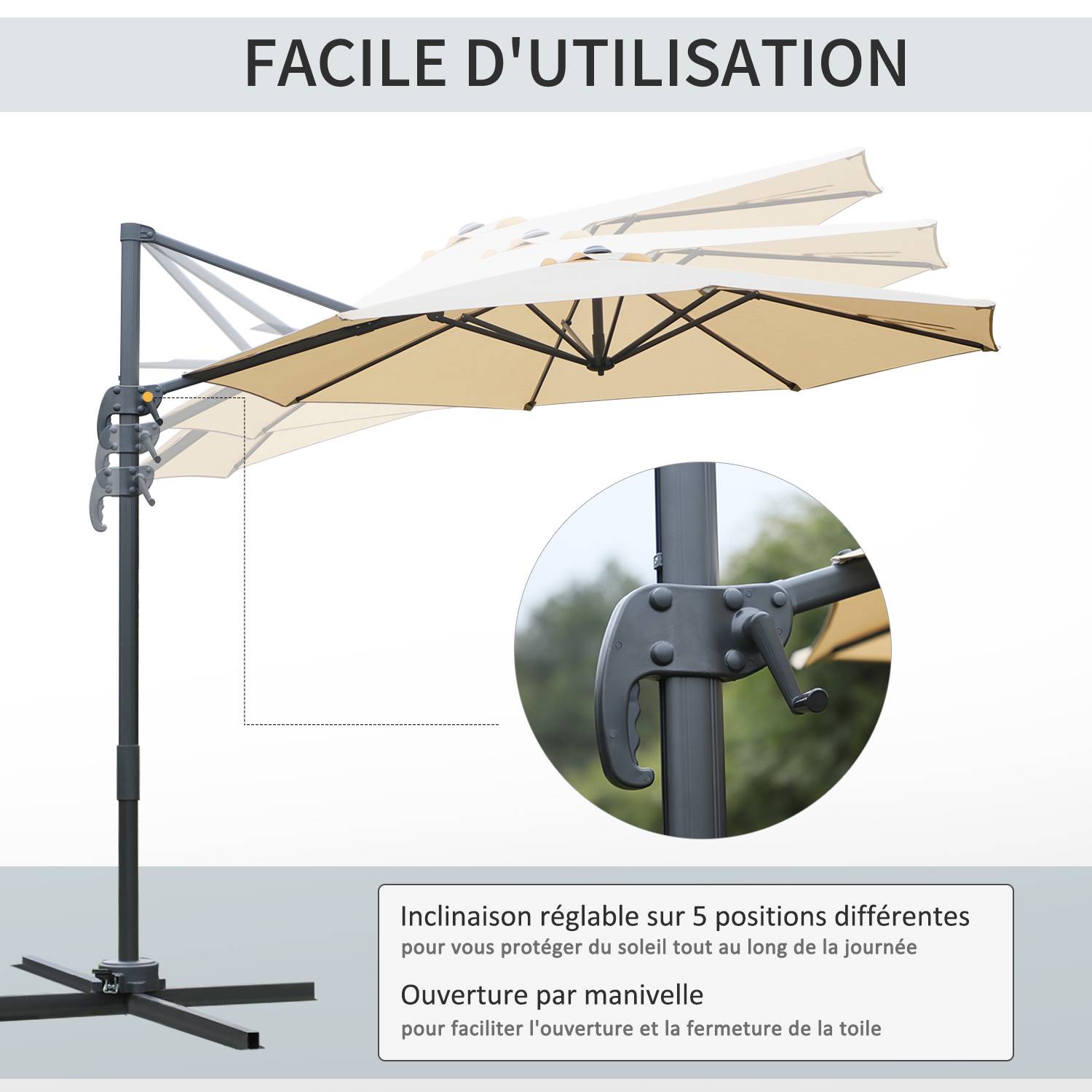 Parasol déporté octogonal inclinable parasol rotatif 360° - 295x295x250cm Polyester Beige fr319 - Image 6
