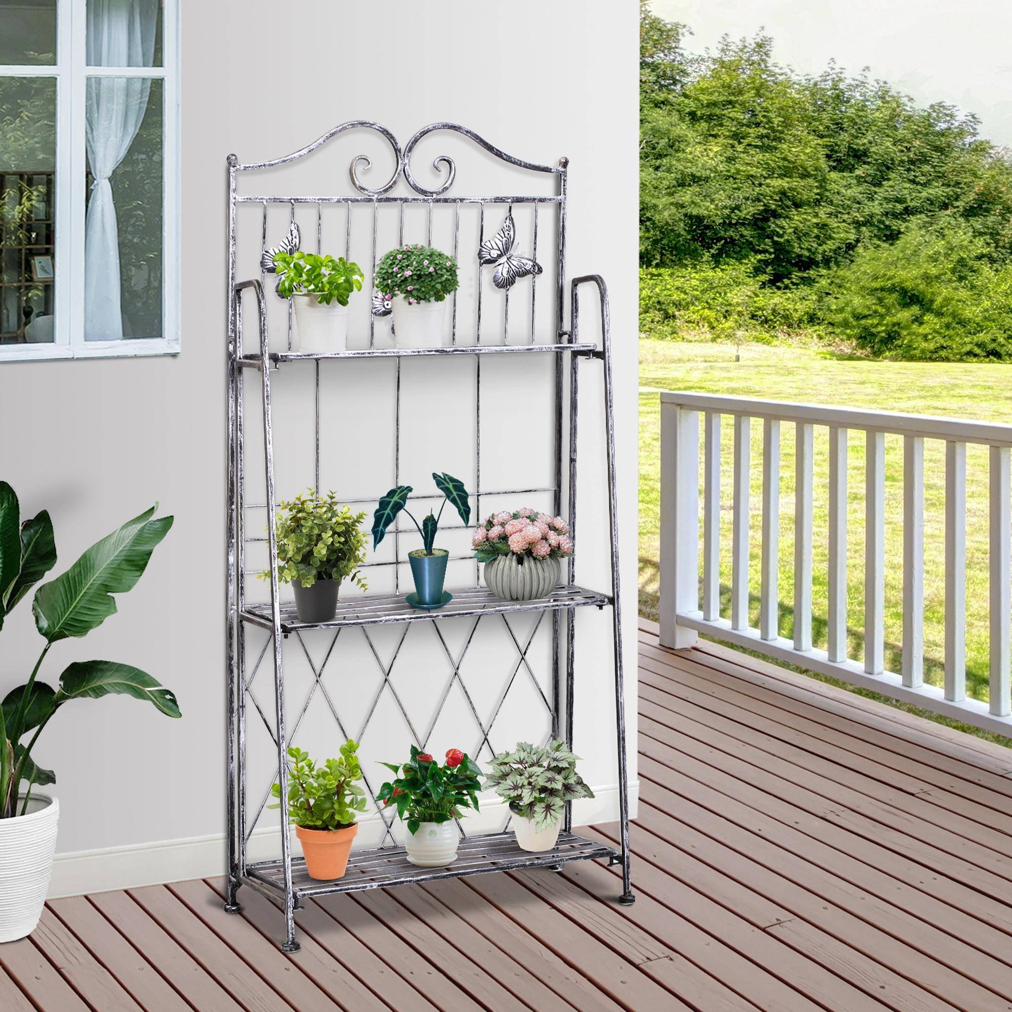 Étagère à fleurs pliable métal balcon jardin 3 niveaux design antique 44x25x96cm gris - ComfortXL Outdoor Living - Image 3