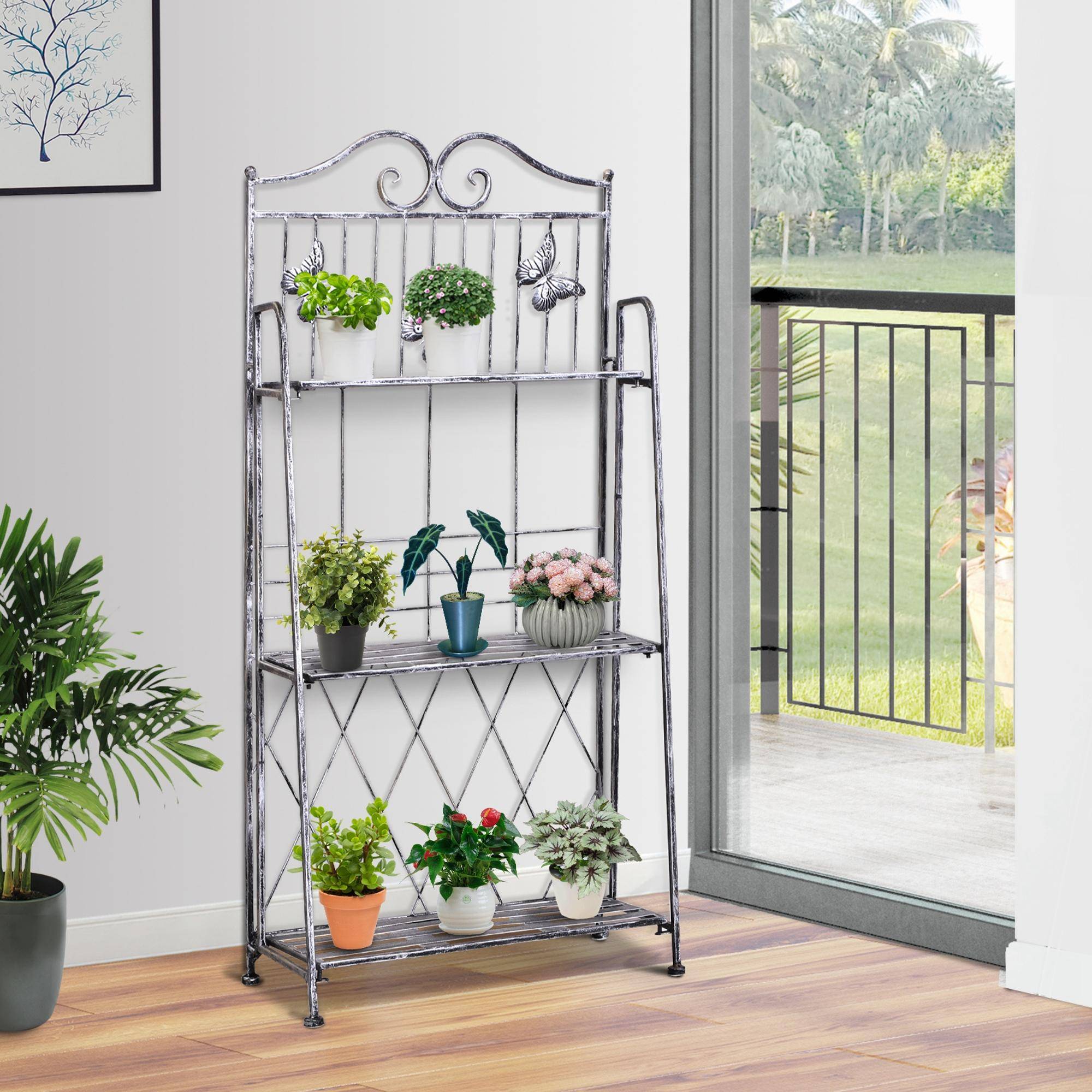 Étagère à fleurs pliable métal balcon jardin 3 niveaux design antique 44x25x96cm gris - ComfortXL Outdoor Living - Image 4