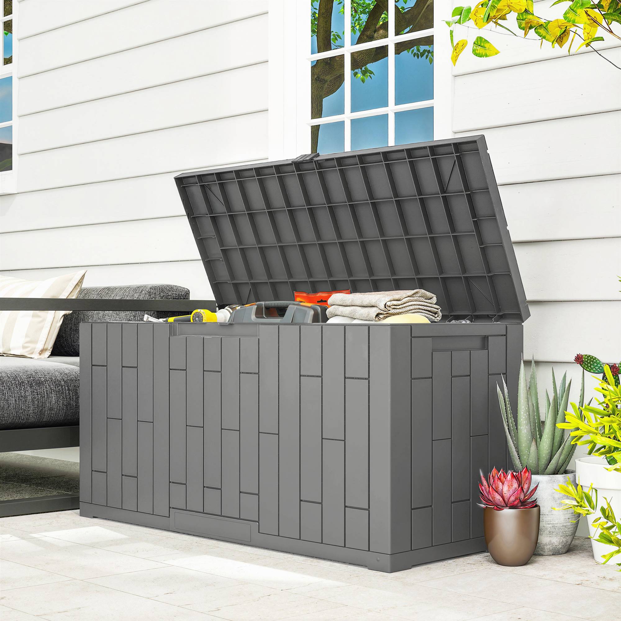 Coffre Rangement Extérieur Résine Effet Bois Imperméable 227L 106x43x54cm Gris Foncé - ComfortXL Outdoor Living - Image 3