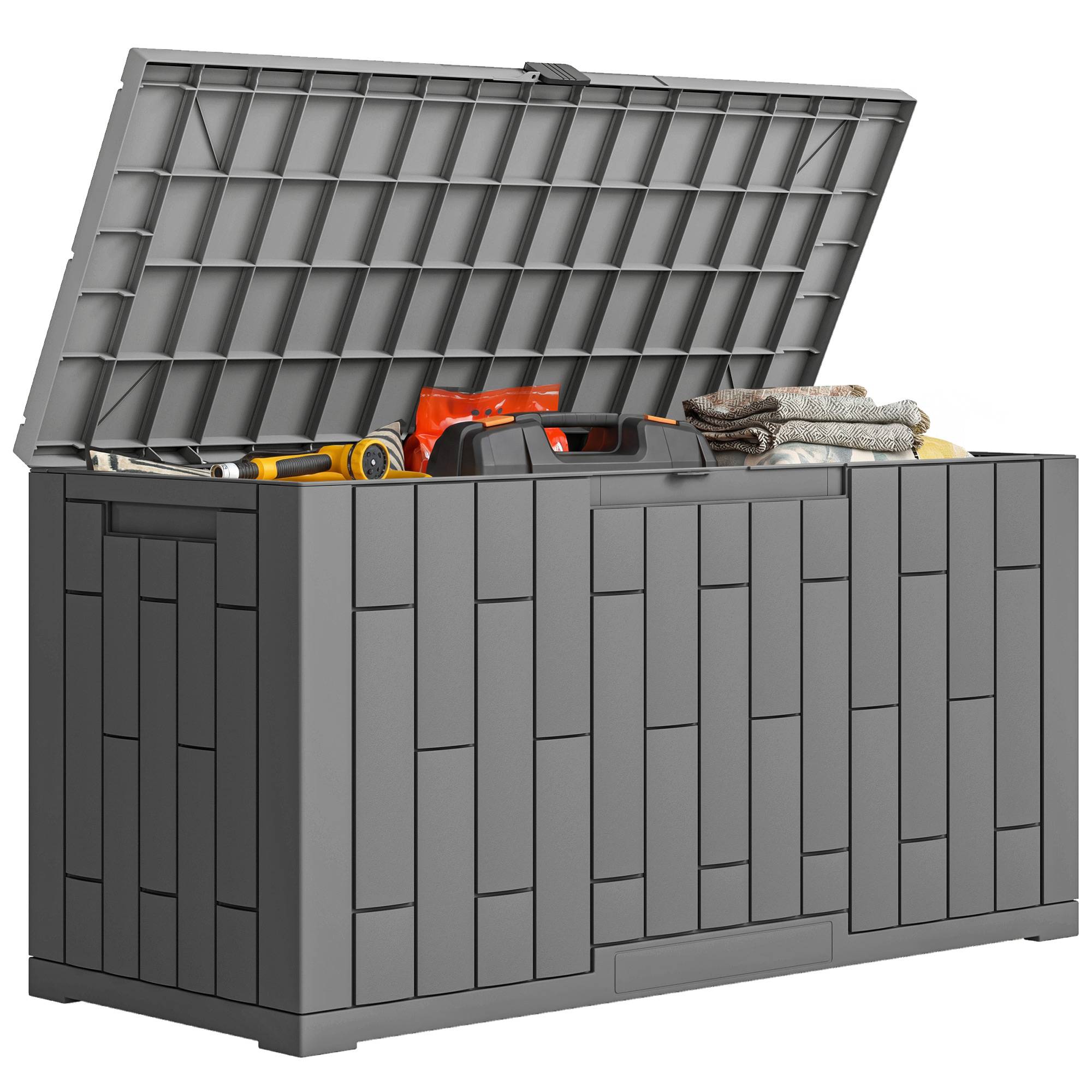 Coffre Rangement Extérieur Résine Effet Bois Imperméable 227L 106x43x54cm Gris Foncé - ComfortXL Outdoor Living - Image 1