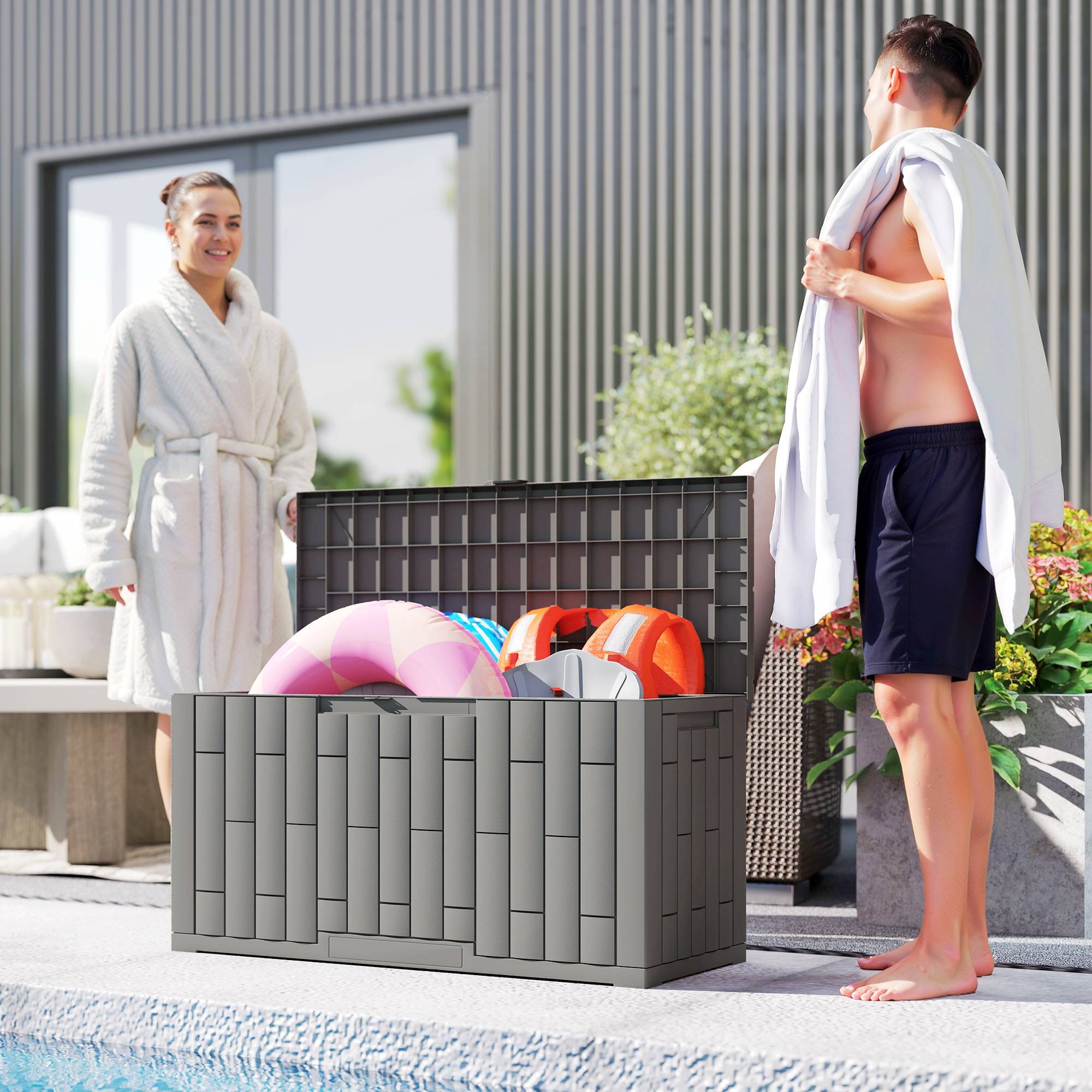 Coffre Rangement Extérieur Résine Effet Bois Imperméable 227L 106x43x54cm Gris Foncé - ComfortXL Outdoor Living - Image 10