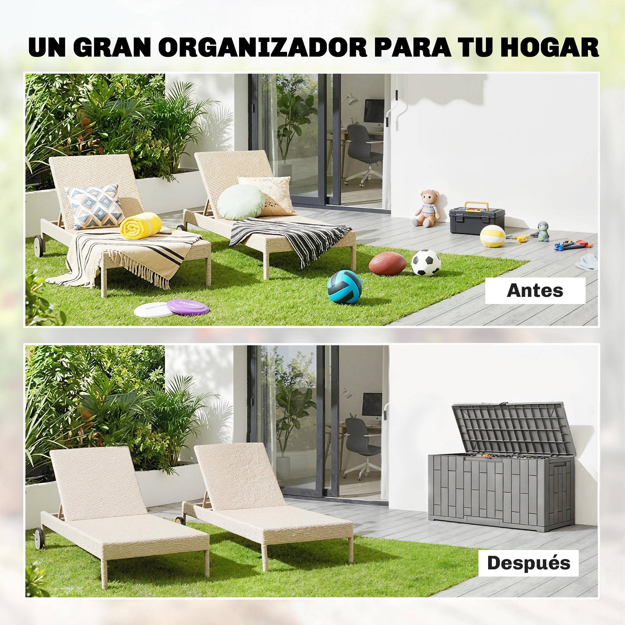 Coffre Rangement Extérieur Résine Effet Bois Imperméable 227L 106x43x54cm Gris Foncé - ComfortXL Outdoor Living - Image 6