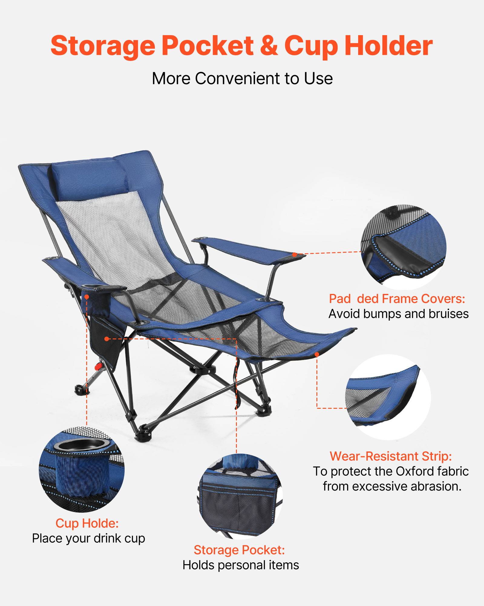 Vevor - VEVOR Chaise Camping Pliante Chaise Longue Inclinable Portable Tissu Maille Bleu - Image 6