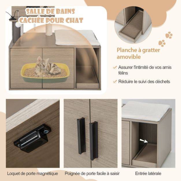 Helloshop26 - Arbre à chat 132 cm maison de toilette pour chat à 2 porte coussin amovible griffoir condo perchoir supérieur gris - Imagen 2
