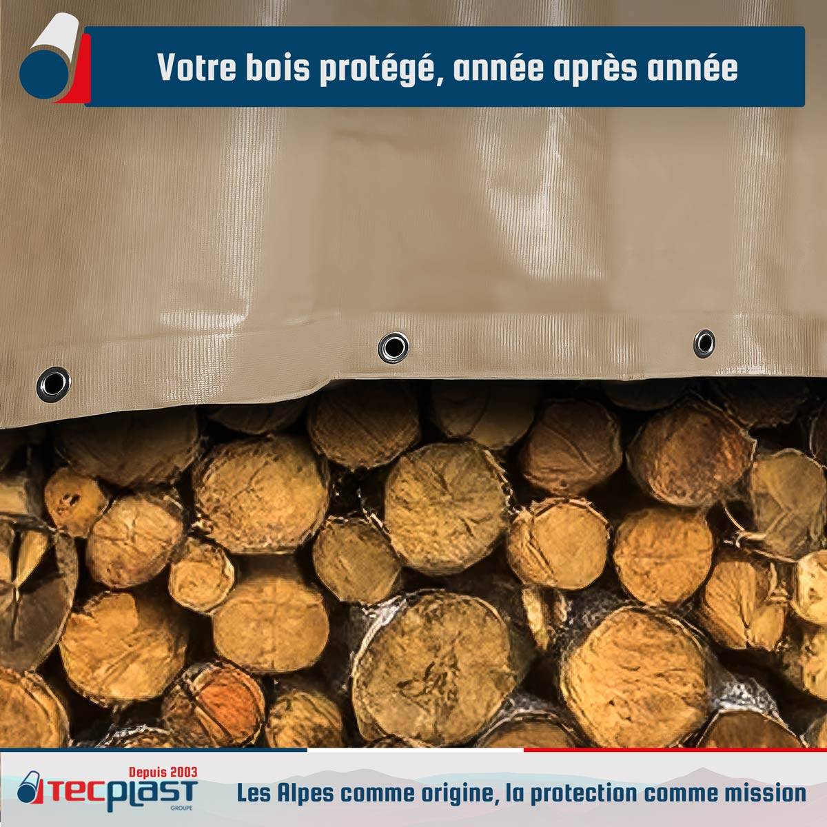 Bâche Bois 2,5x3 m LP506BO Beige foncé - Garantie 5 ans - Bâche de protection étanche en PVC pour Bois de chauffage TECPLAST - Imagen 2