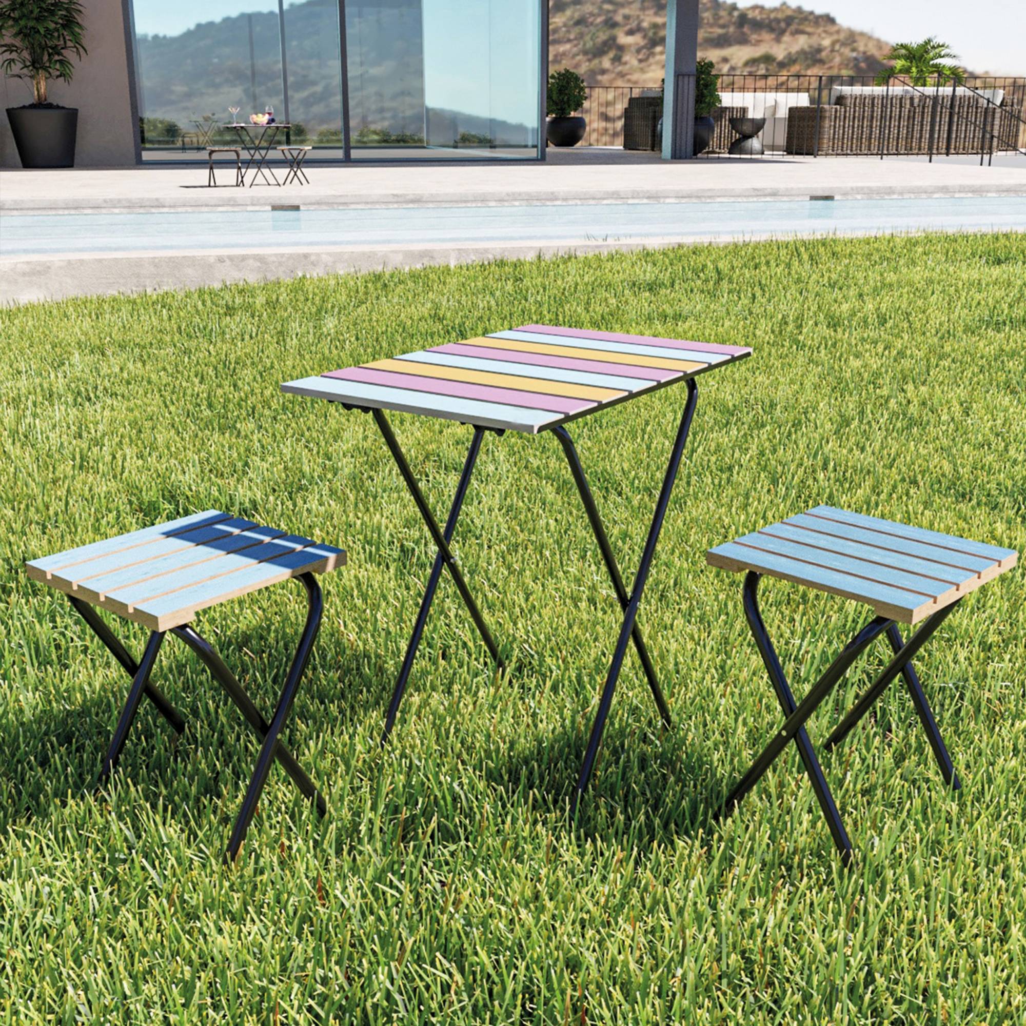 Casa.Pro - Set de bistrot Pieksämäki avec table et 2 tabourets pliantes métal bois de pin noir multicolore bleu [en.casa] - Imagen 2