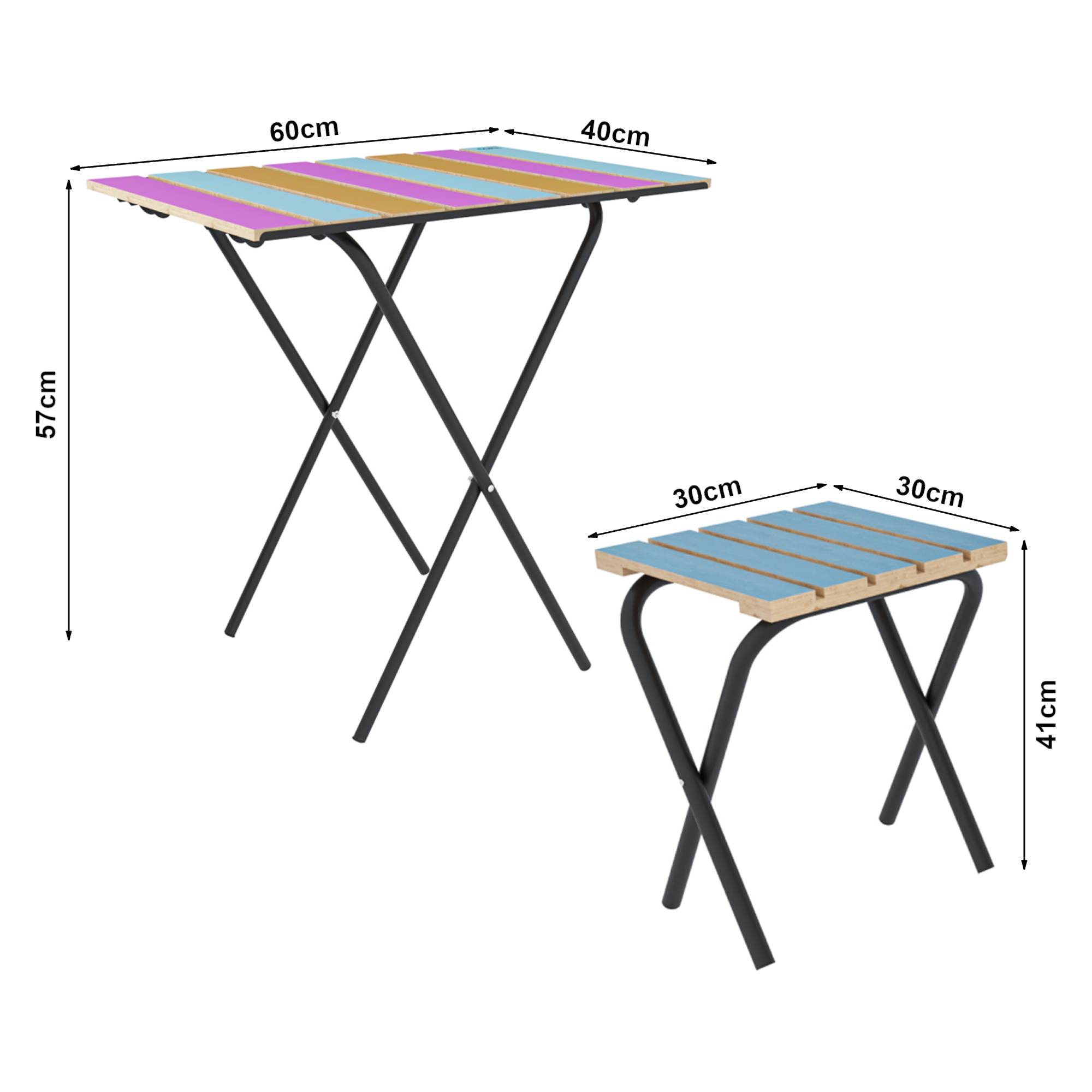 Casa.Pro - Set de bistrot Pieksämäki avec table et 2 tabourets pliantes métal bois de pin noir multicolore bleu [en.casa] - Imagen 8