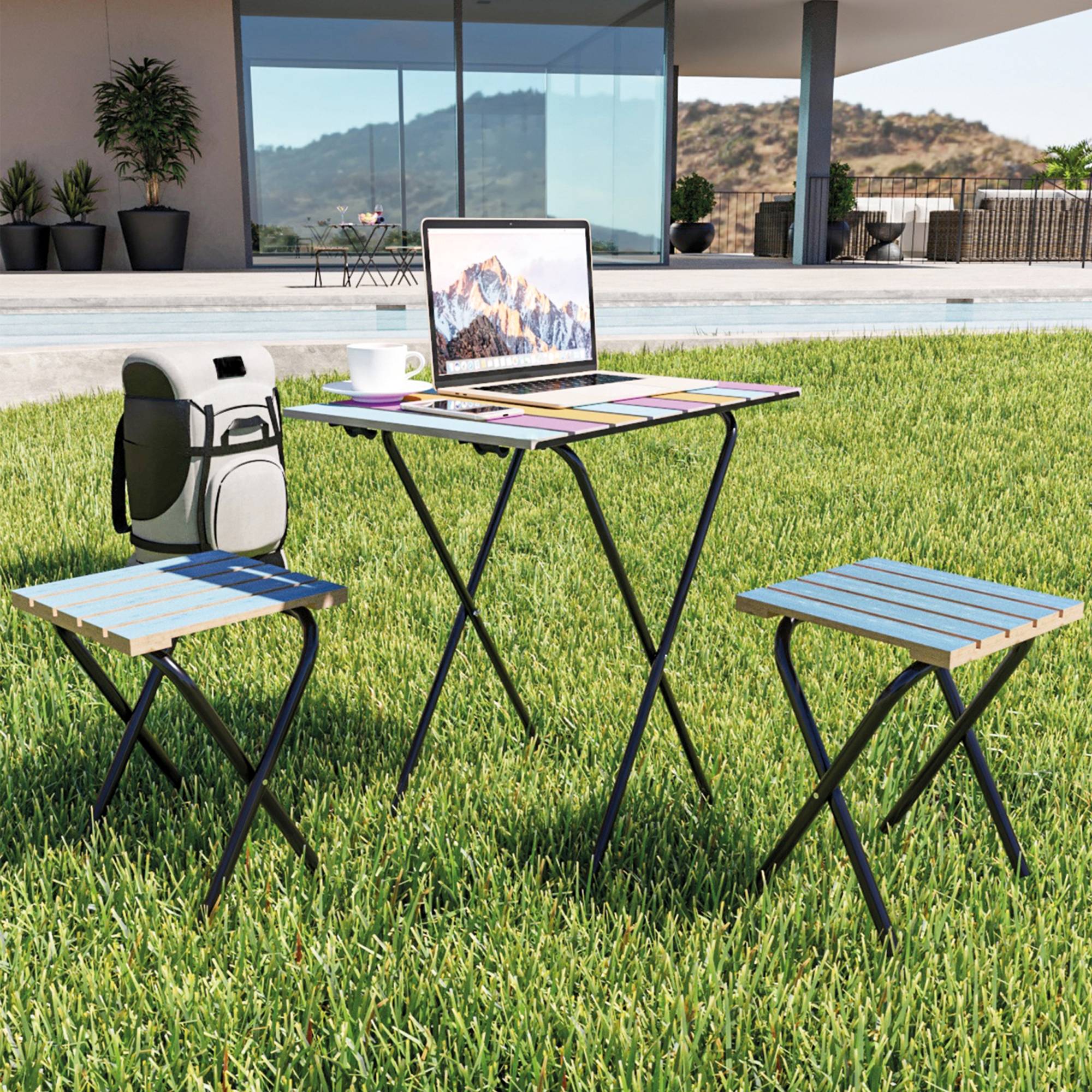 Casa.Pro - Set de bistrot Pieksämäki avec table et 2 tabourets pliantes métal bois de pin noir multicolore bleu [en.casa] - Imagen 7