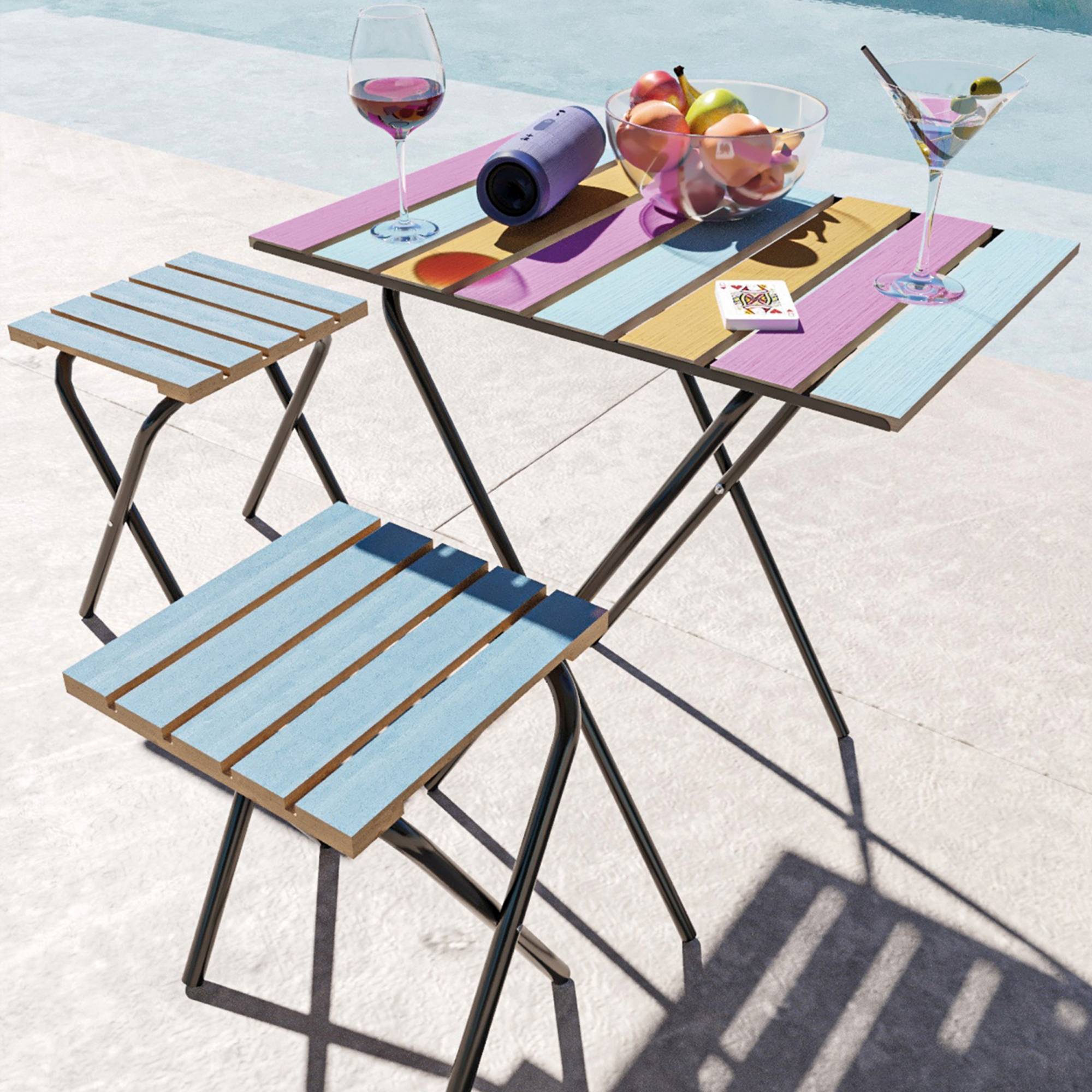Casa.Pro - Set de bistrot Pieksämäki avec table et 2 tabourets pliantes métal bois de pin noir multicolore bleu [en.casa] - Imagen 4