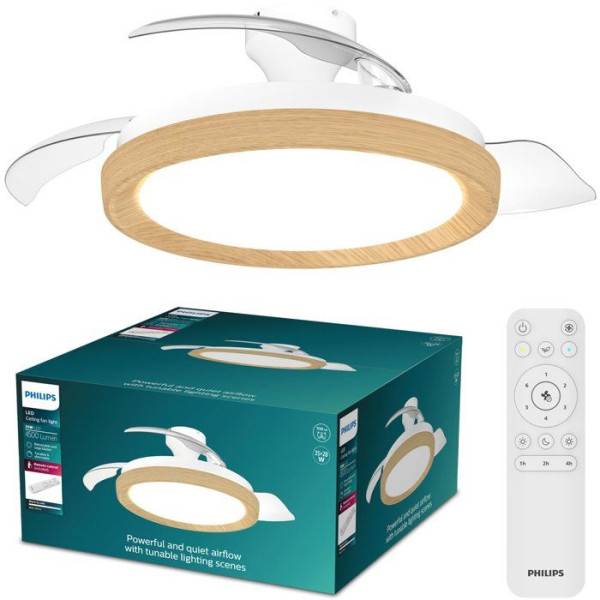 Philips - Ventilateur de Plafond - Plafonnier  - Philips - Bliss - Pales rétractables - Diametre 106 cm -Bois - LED intégrée + télécommande - Image 1