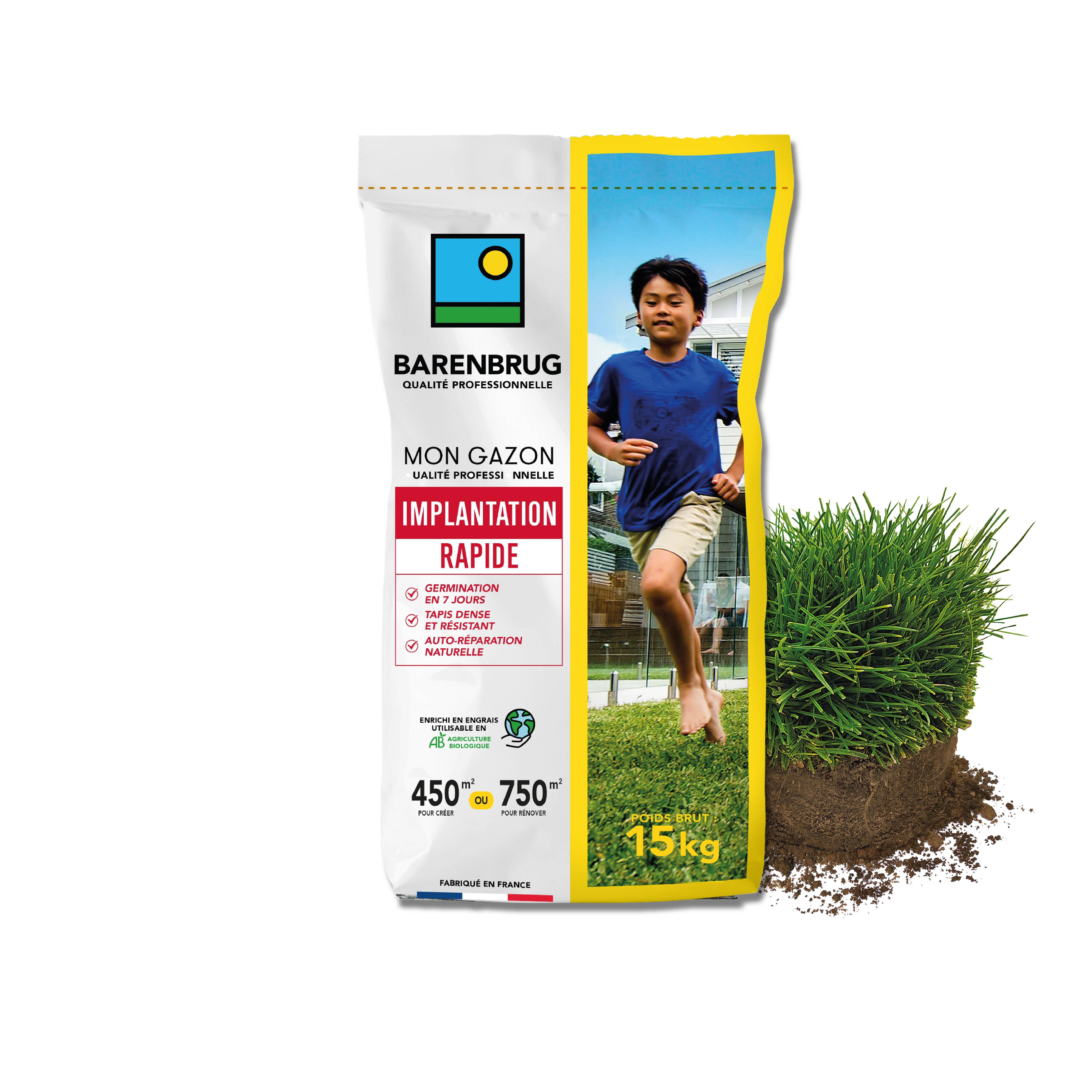 Gazon Implantation Rapide - Germination en 7 Jours - Tapis Dense et Résistant - Autoréparation Naturelle - 15KG - BARENBRUG - Image 1