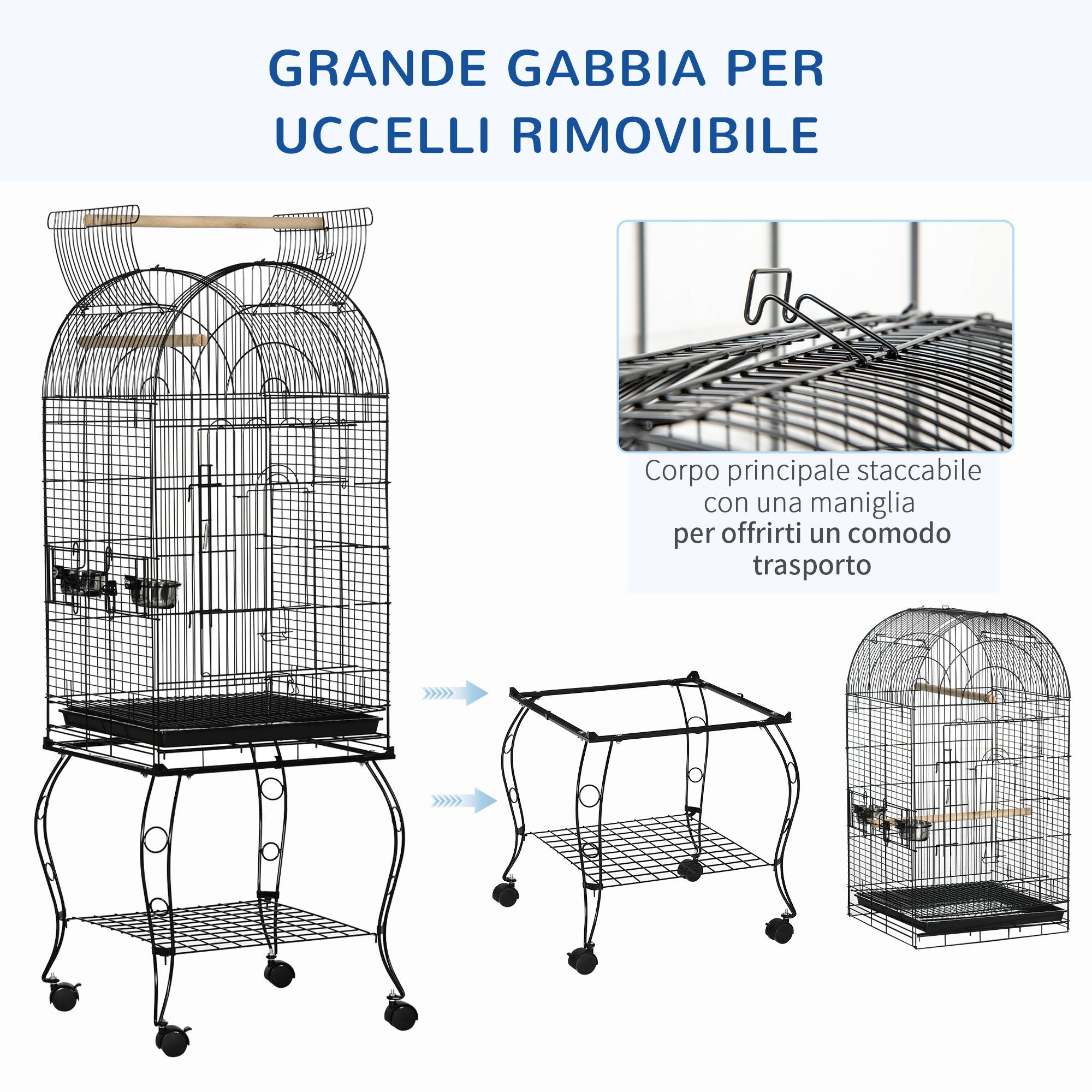 Cage pour oiseaux et canaris, volière avec roues en métal noir, 51x51x153 cm - Image 6
