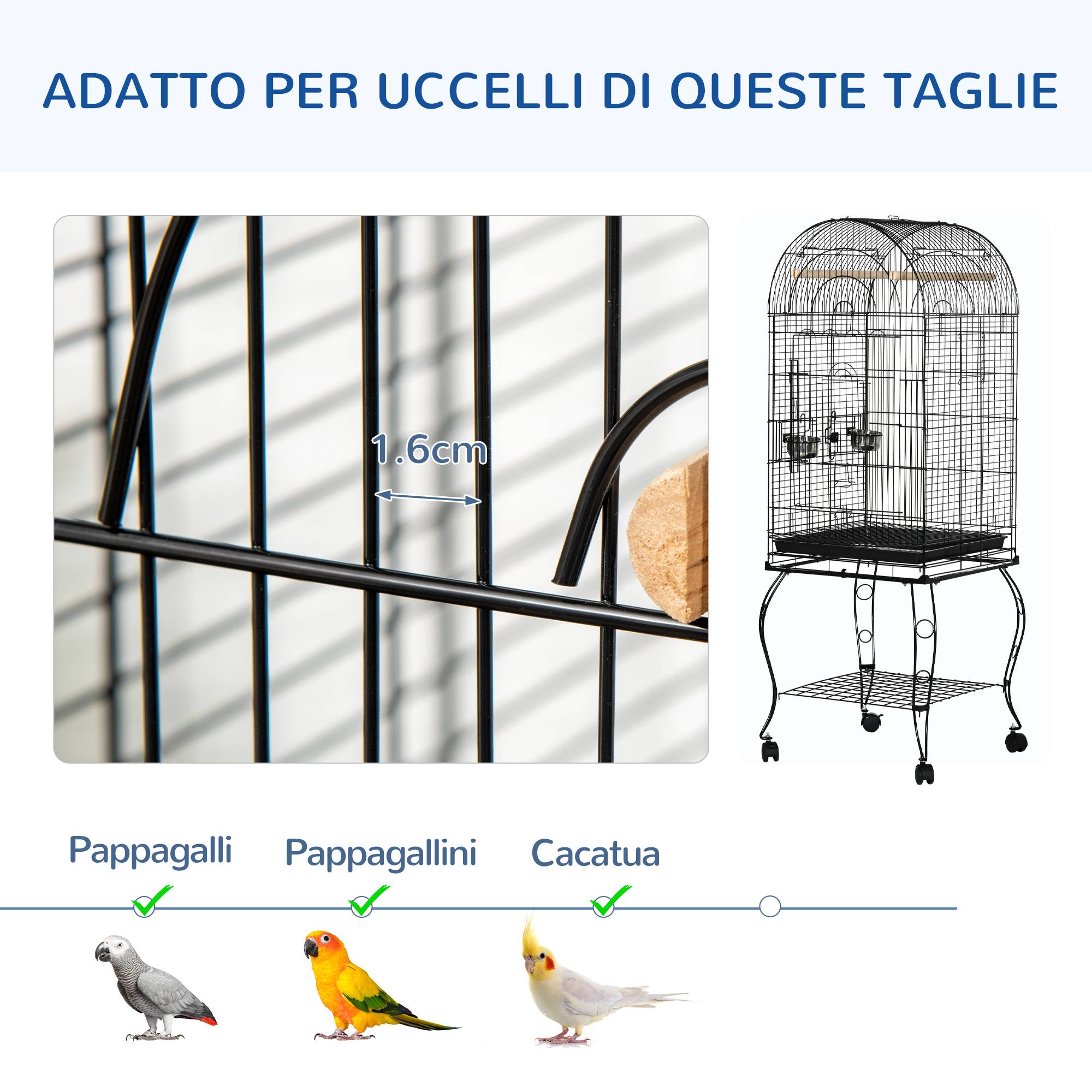 Cage pour oiseaux et canaris, volière avec roues en métal noir, 51x51x153 cm - Image 8