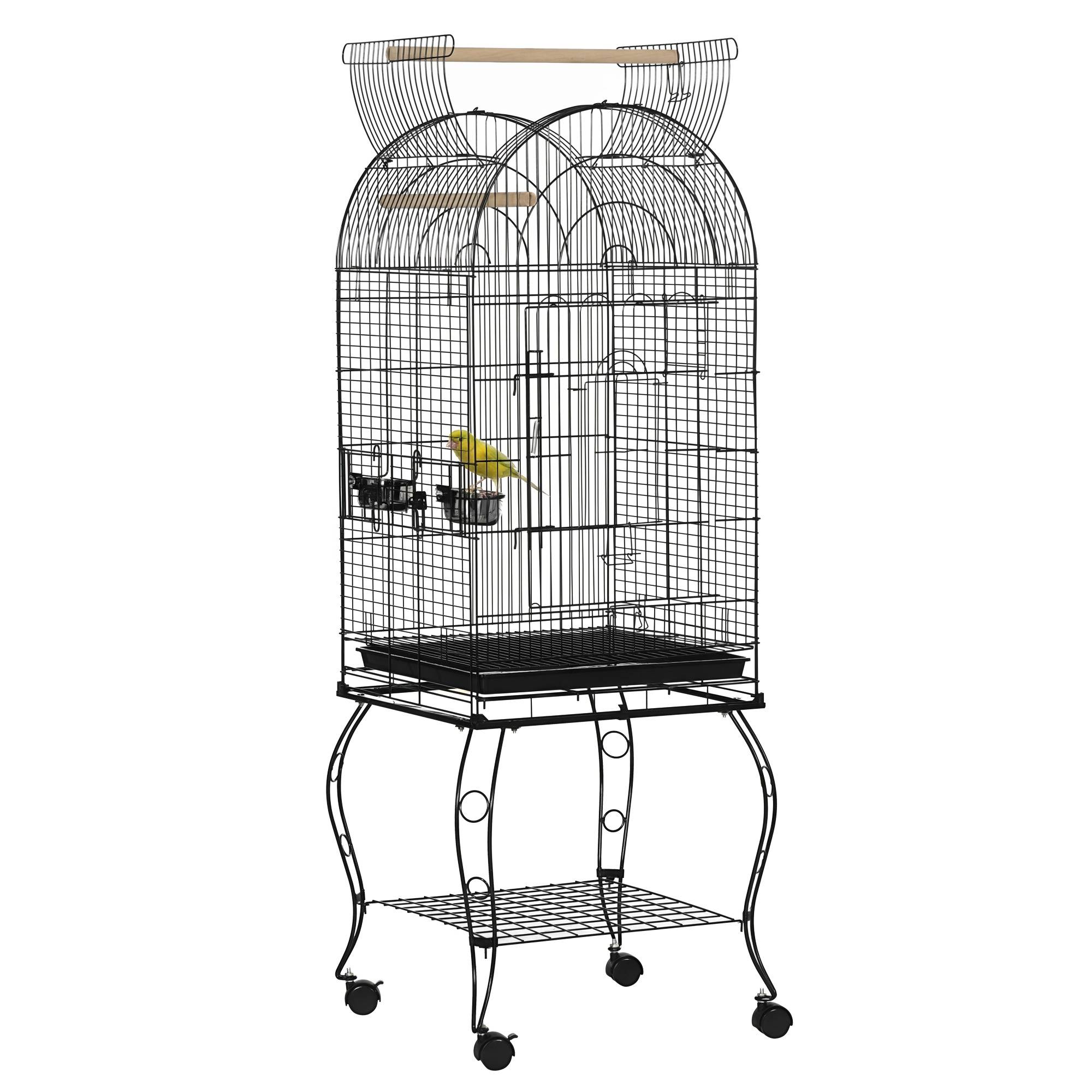 Cage pour oiseaux et canaris, volière avec roues en métal noir, 51x51x153 cm